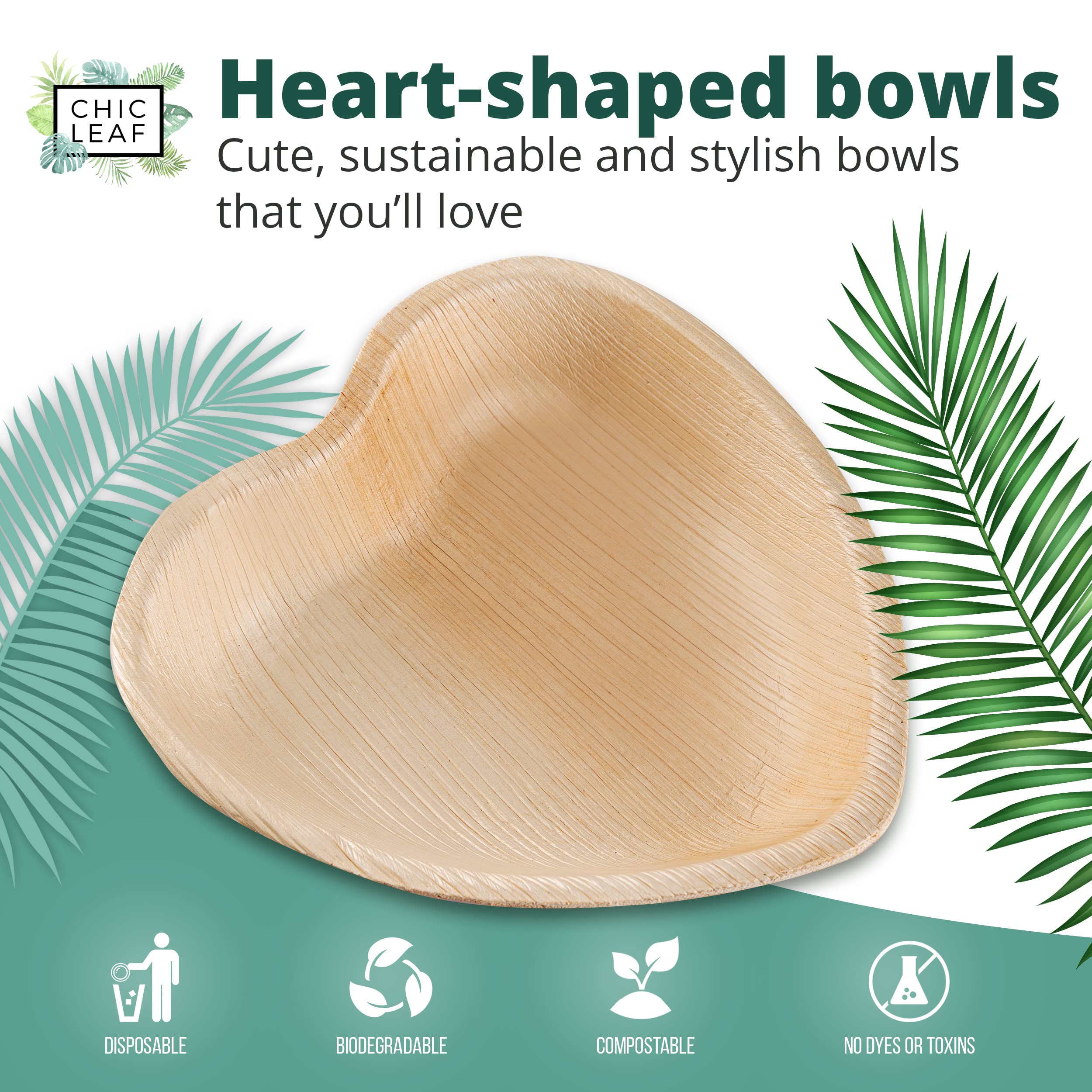 Chic Leaf Palm Leaf Bowls Disposable Bamboo Heart Shaped Bowls 6.5 Inch Heart Dish (50 Heart Bowls) - Compostable Heart Shaped P