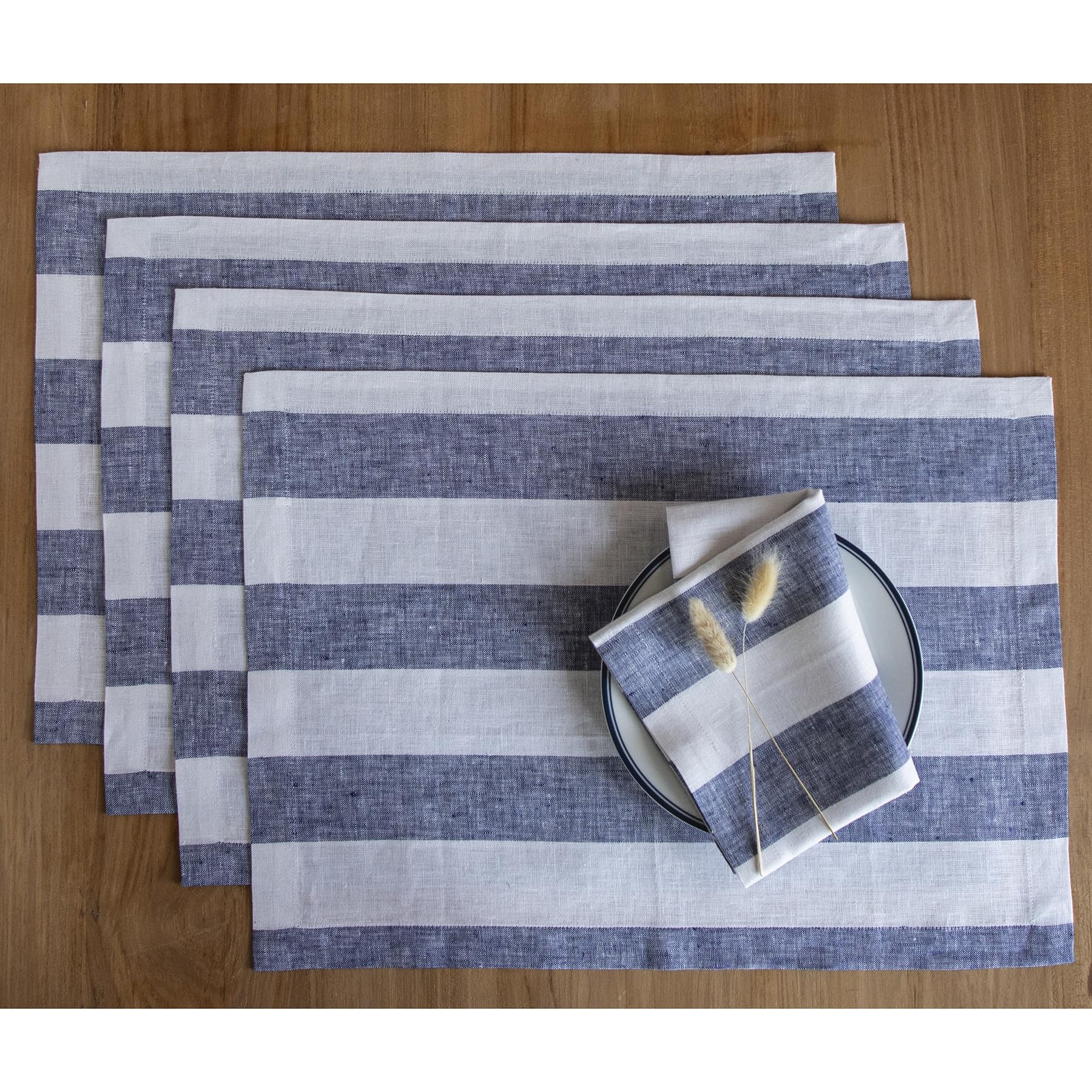 Solino Home Cabana Stripe Linen Placemats 19 L x 14 W Inch - 100% Pure Linen Navy and White Placemats Set of 4 - Machine Washabl