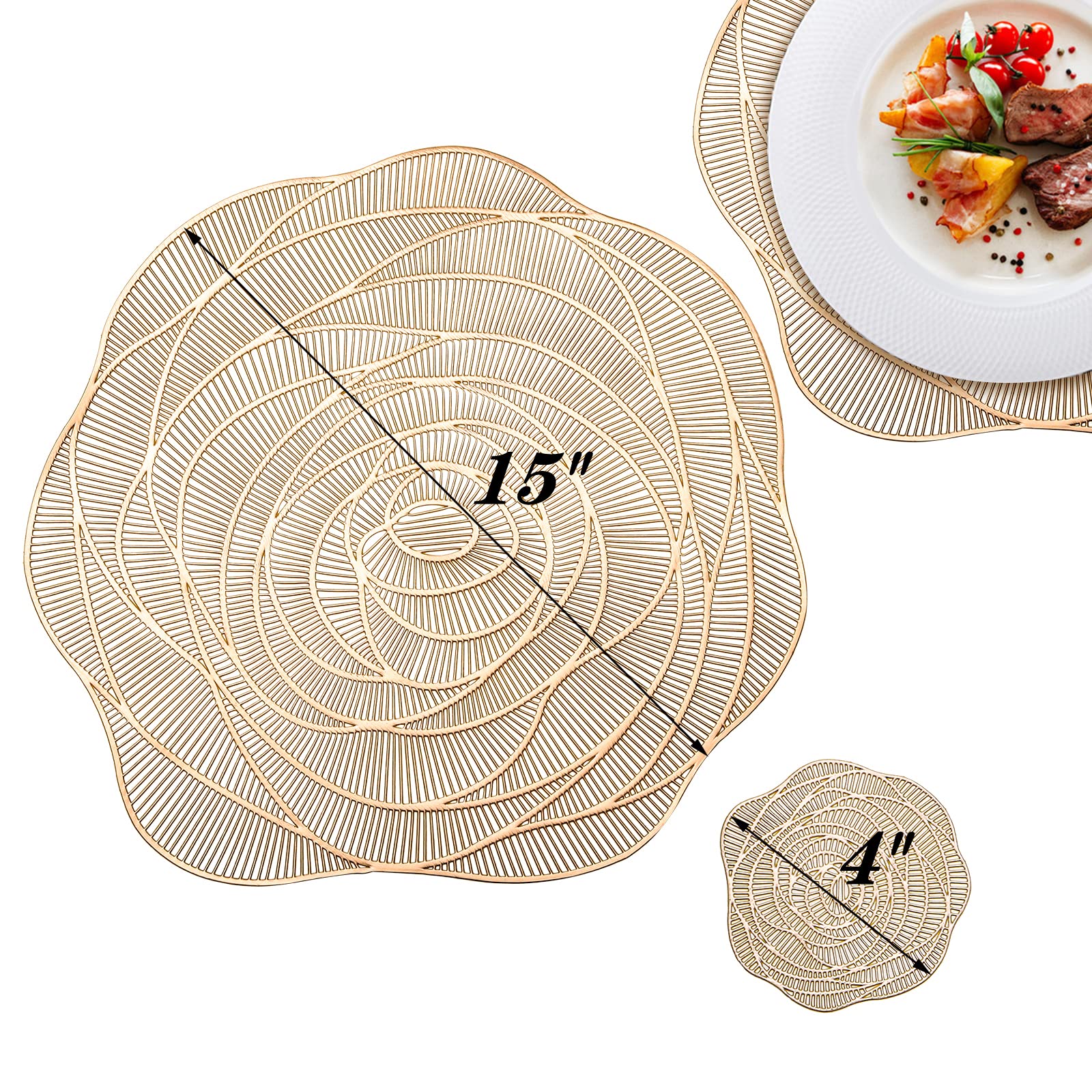 Lyellfe 20 Pack Gold Pressed Vinyl Placemats, 15 Inch Metallic Non-Slip Washable Pvc Chargers Placemat, Including 10 Placemats A