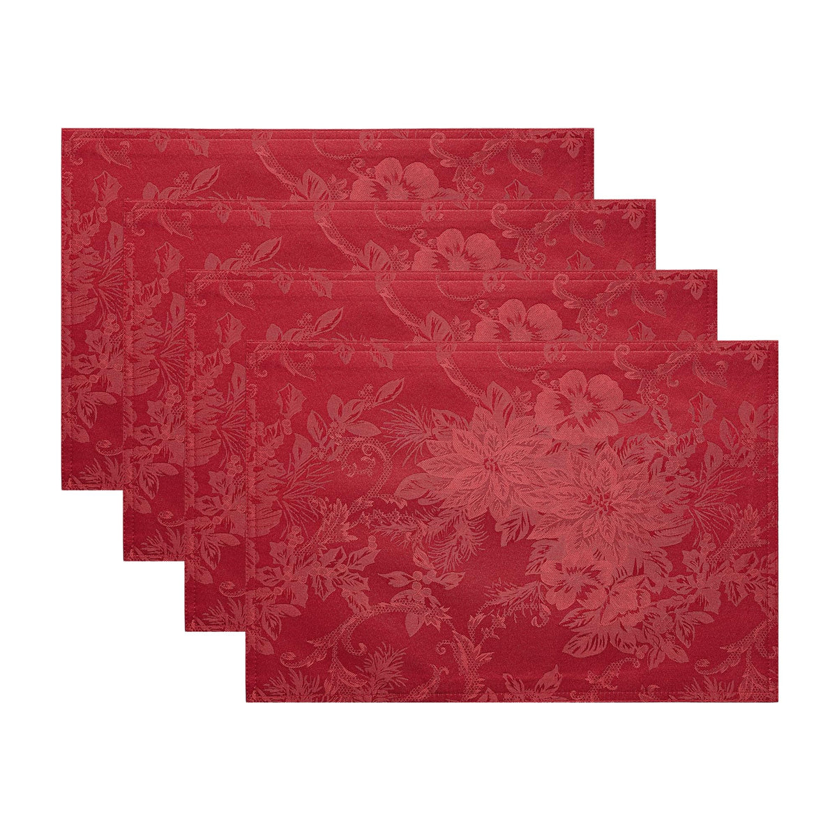 Elrene Home Fashions Poinsettia Elegance Jacquard Christmas/Holiday Rectangle Dining Placemat, Set Of 4, 13''X19'', Red
