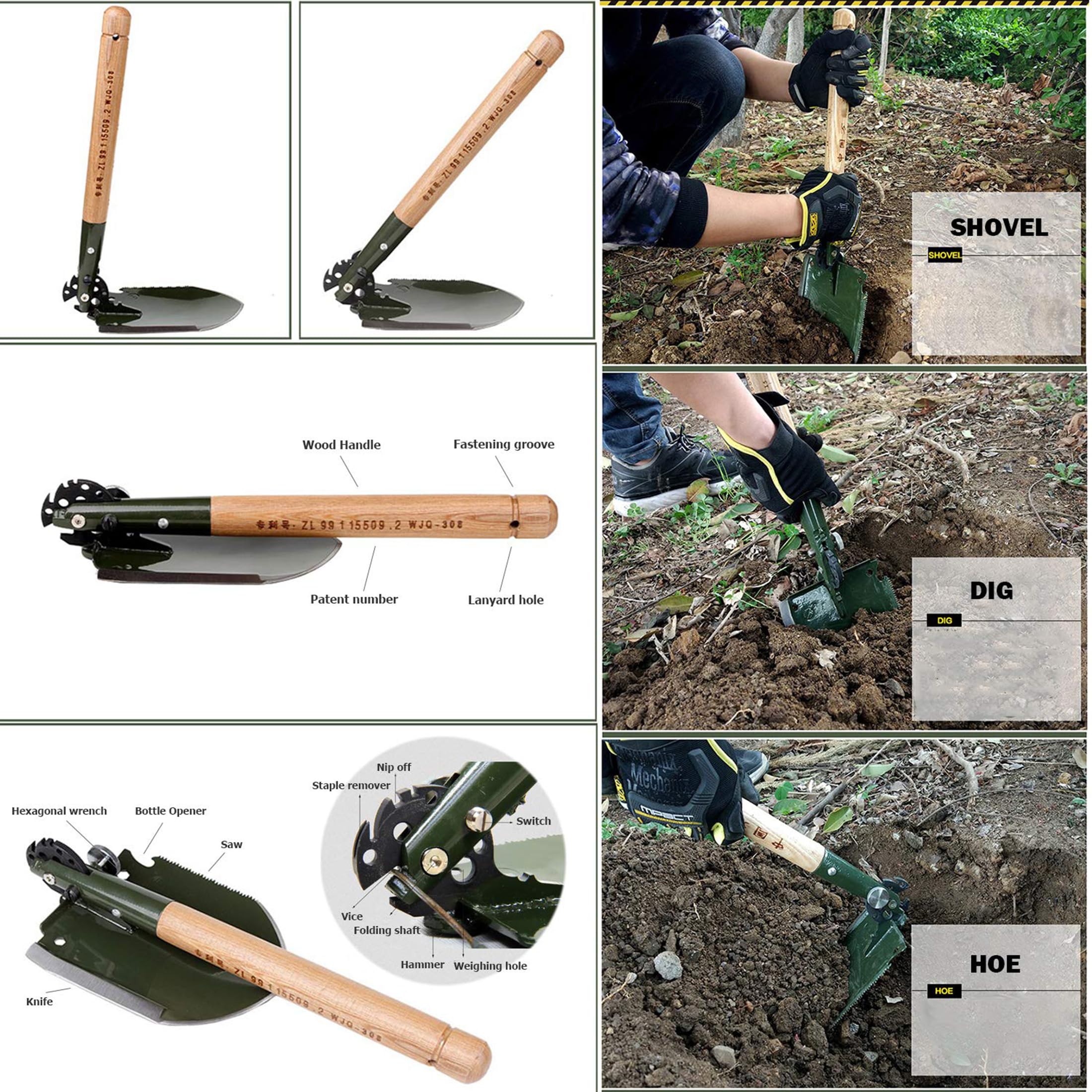 WJQ WJQ-308 Folding Military Shovel - 18 in 1 Camping Tool, 16 inch, Black with Waterproof Case