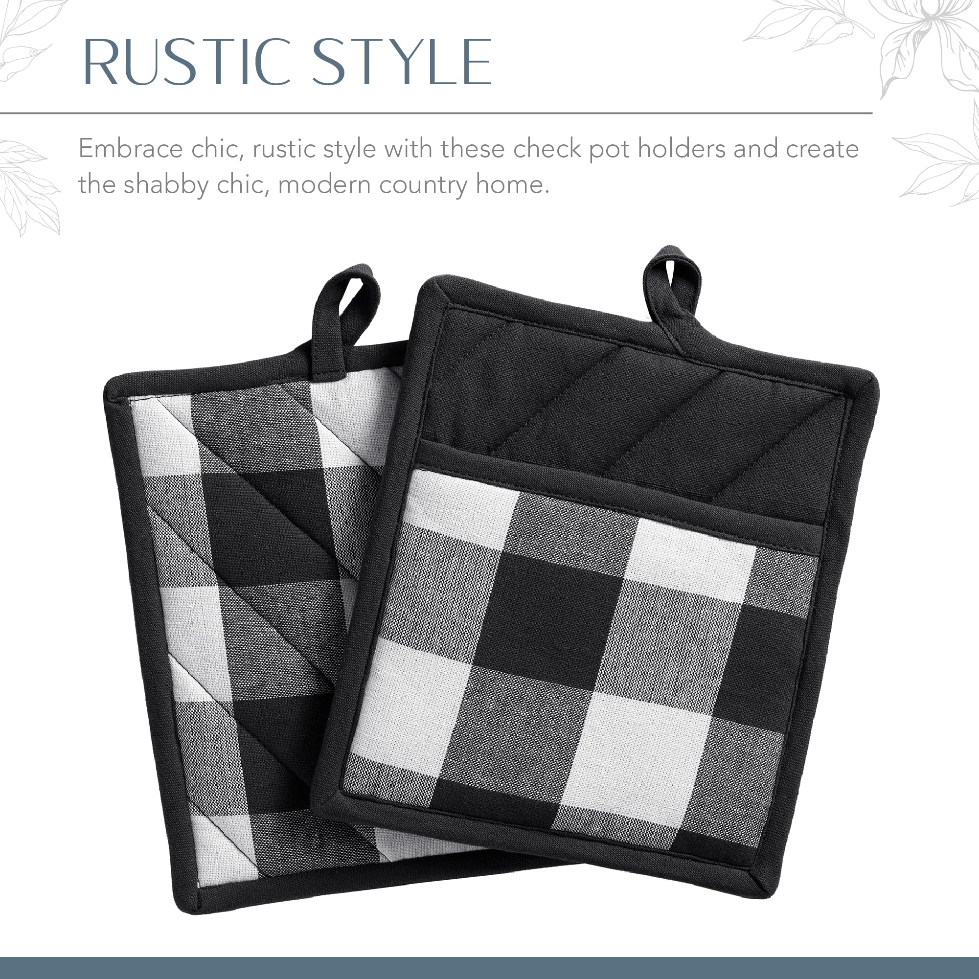 Elrene Home Fashions Farmhouse Living Buffalo-Check Pot-Holder Set, Rustic Pot Holders For Kitchen, Set Of 2, 8'' X 9'', Black/W