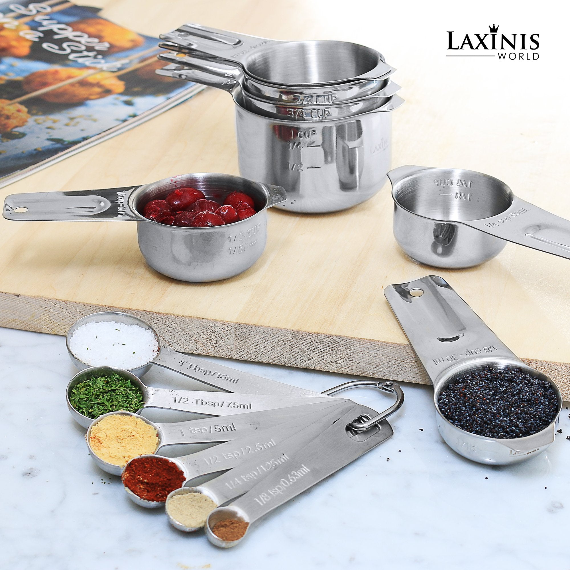 Measuring Cups And Spoons Set - Premium 13-Piece Stainless Steel, 7 Cups & 6 Spoons, Stackable, Ideal For Accurate Liquid And Dr