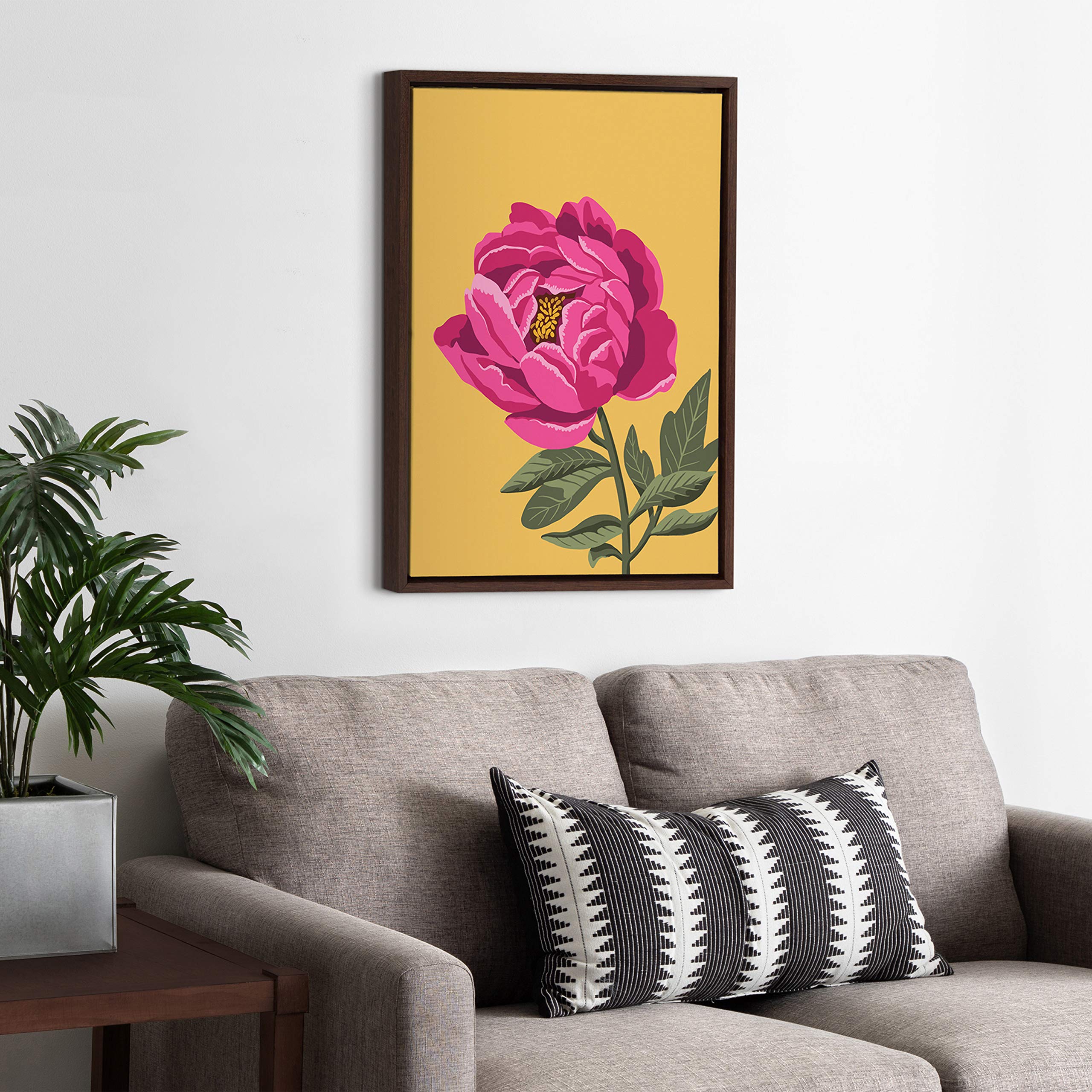 Kate And Laurel Sylvie Bright Peony Framed Canvas Wall Art By Maria Filar, 18X24 Walnut Brown, Natural Floral Art For Wall