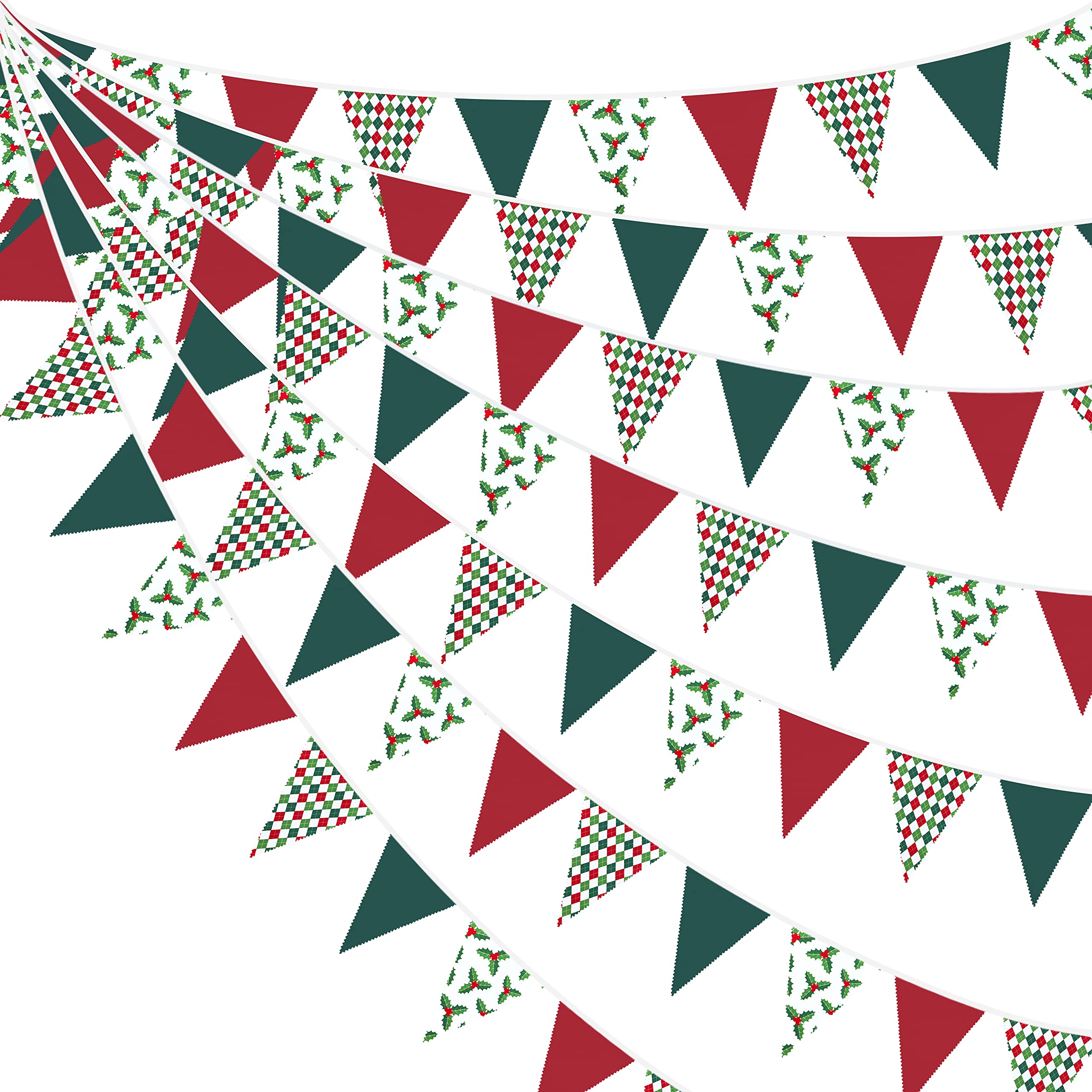 10M/32Ft Red Green Christmas Party Decorations Clearance Red Green Checkered And Holly Berries Triangle Flag Pennant Bunting Fab