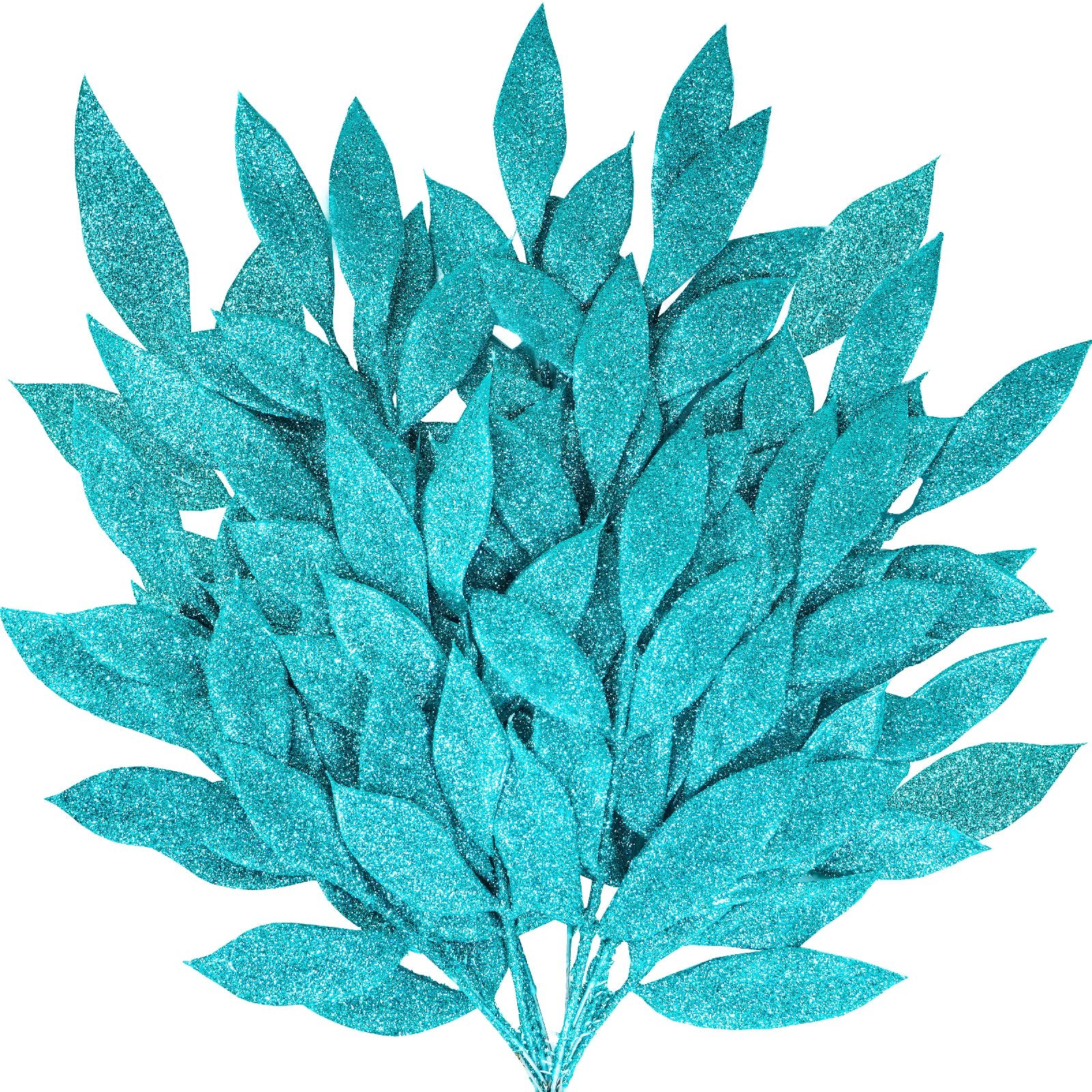 Winlyn 20 Pcs Teal Glitter Bay Leaf Sprays Artificial Christmas Tree Picks Sprays 12.7 Tall for Teal Christmas Tree Winter Wreat