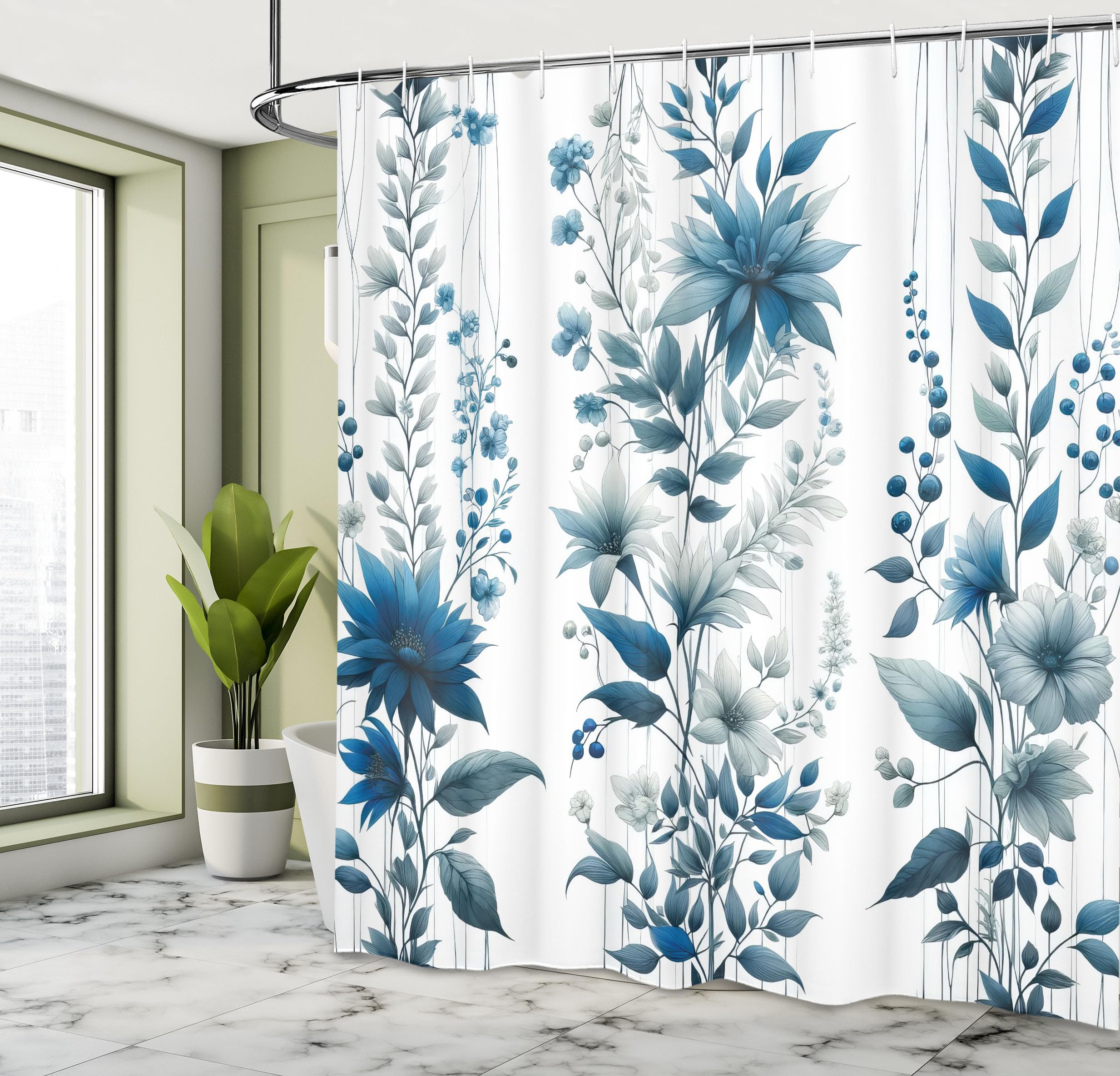 Ambesonne Blue Shower Curtain, Flowers Berry Branches And Leaves As Vertical Lines Cold Colored Garden, Cloth Fabric Bathroom De