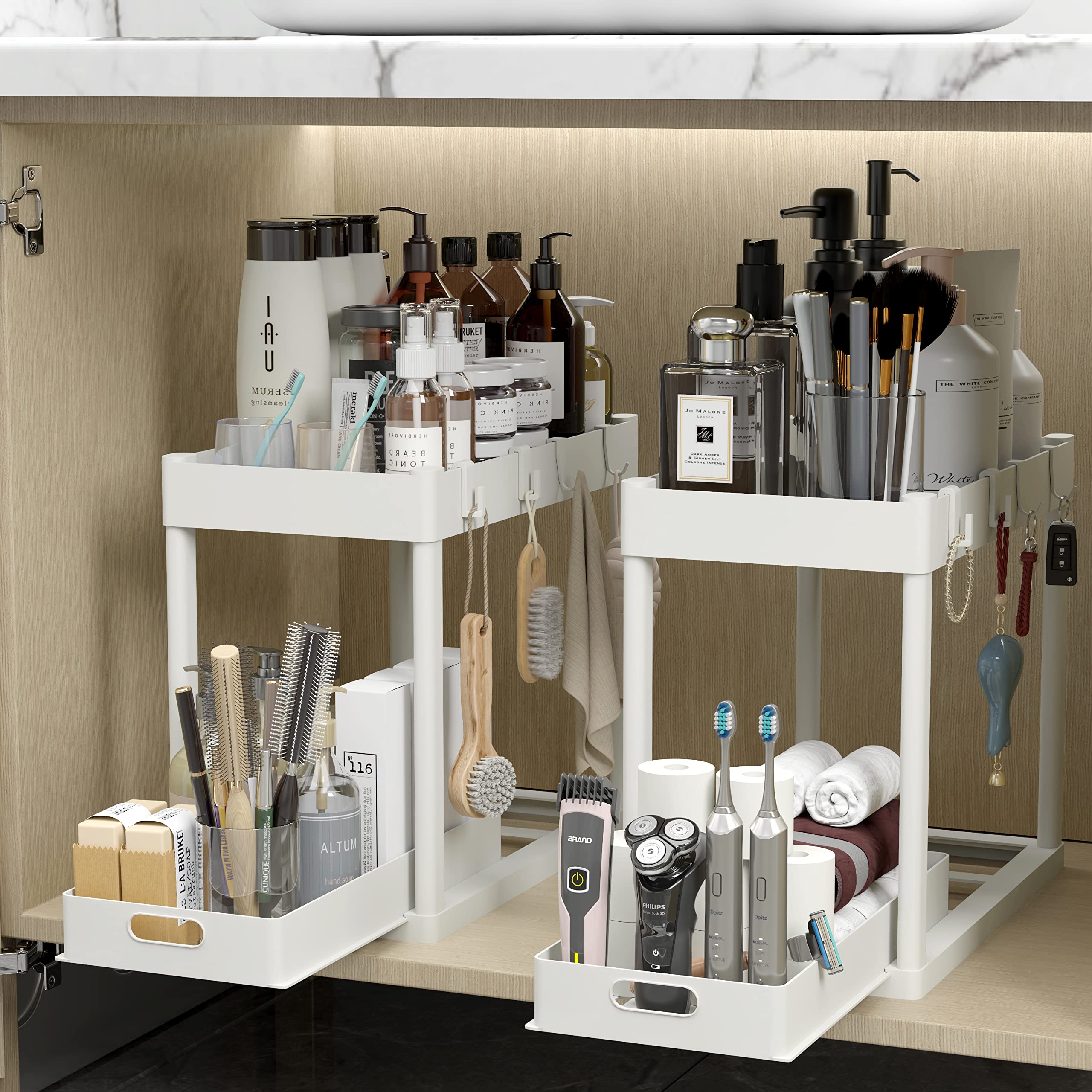 2Pc Under Sink Organizer Rack 2 Tier Under Sliding Cabinet Basket Organizer Drawer With 4 Hooks, Multi-Purpose Under Sink Storag