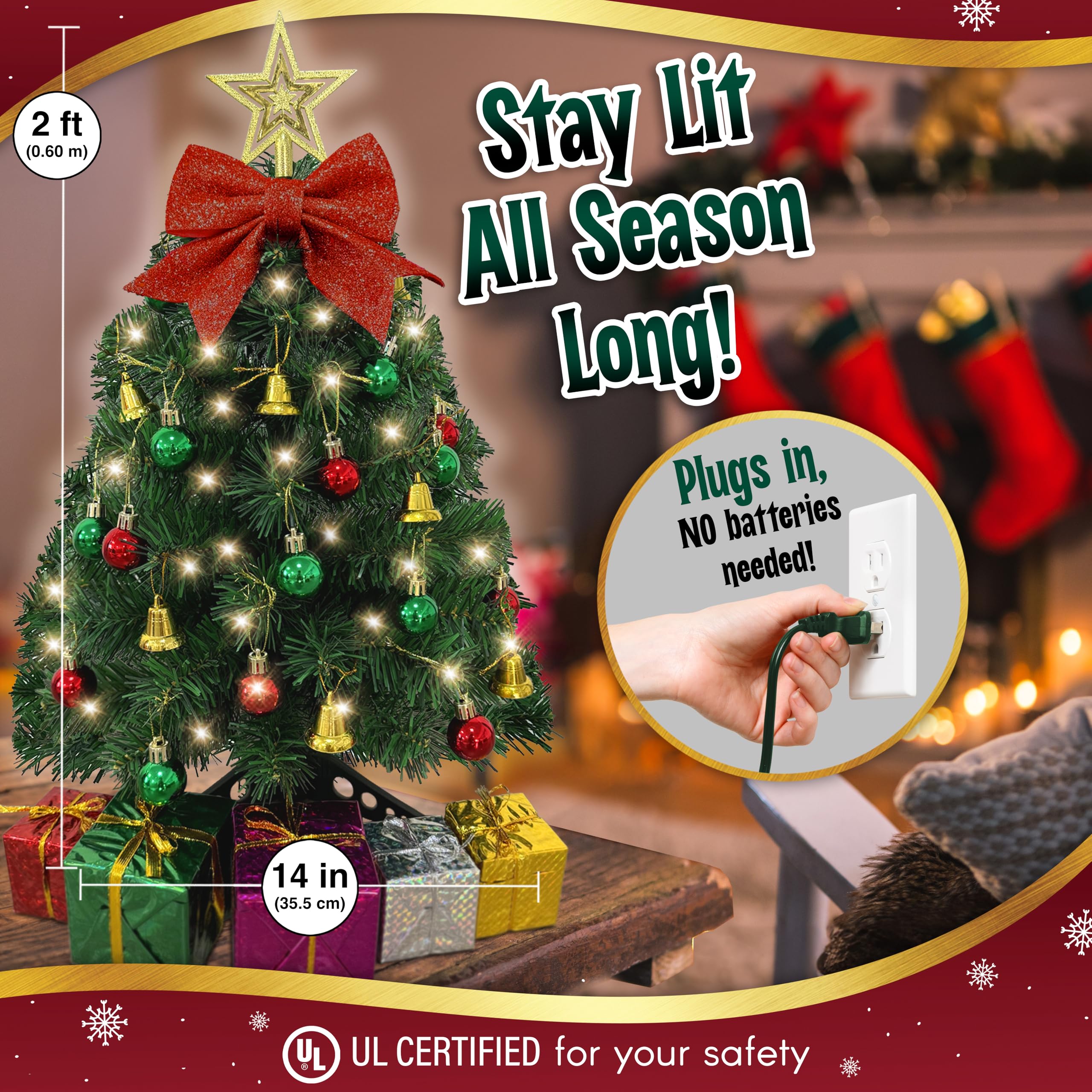 Small Christmas Tree with Lights - 23 Inch Mini Tabletop Christmas Tree with Warm-White LED Lights, Hanging Ornaments, Decorativ