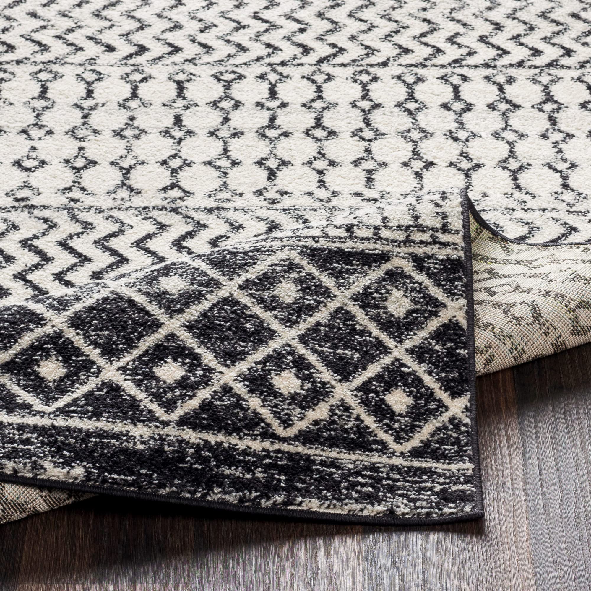 Livabliss Area Rugs - 10ft Round Chester Boho Moroccan Black Rug for Living Room Bedroom - White Grey Geometric Stain Resistant