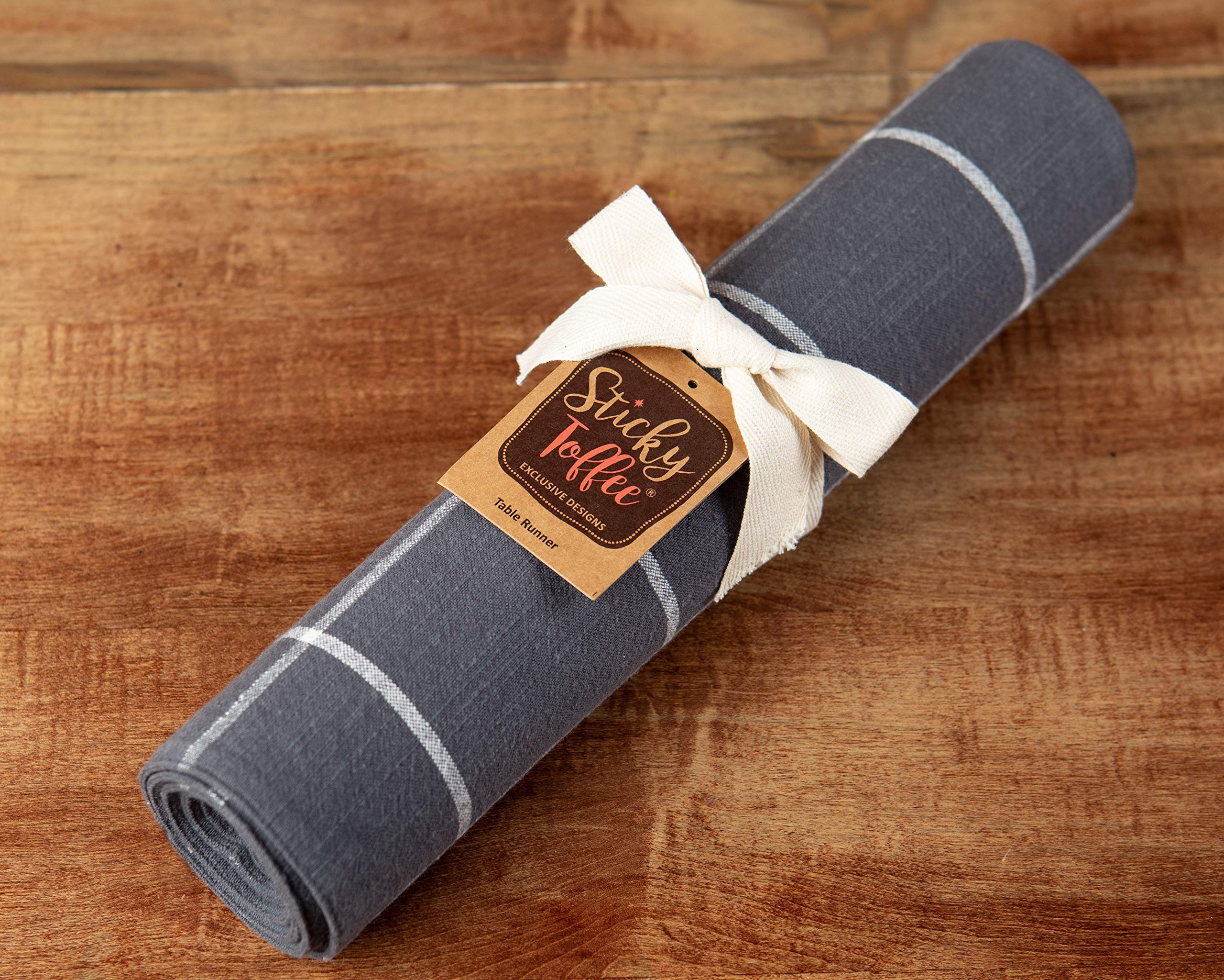 Sticky Toffee Table Runner Cotton Farmhouse Plaid 14 in x 72 in  Table D?cor for Kitchen or Dining  Gray Cloth Woven Table Runners  Oeko-Tex Cotton