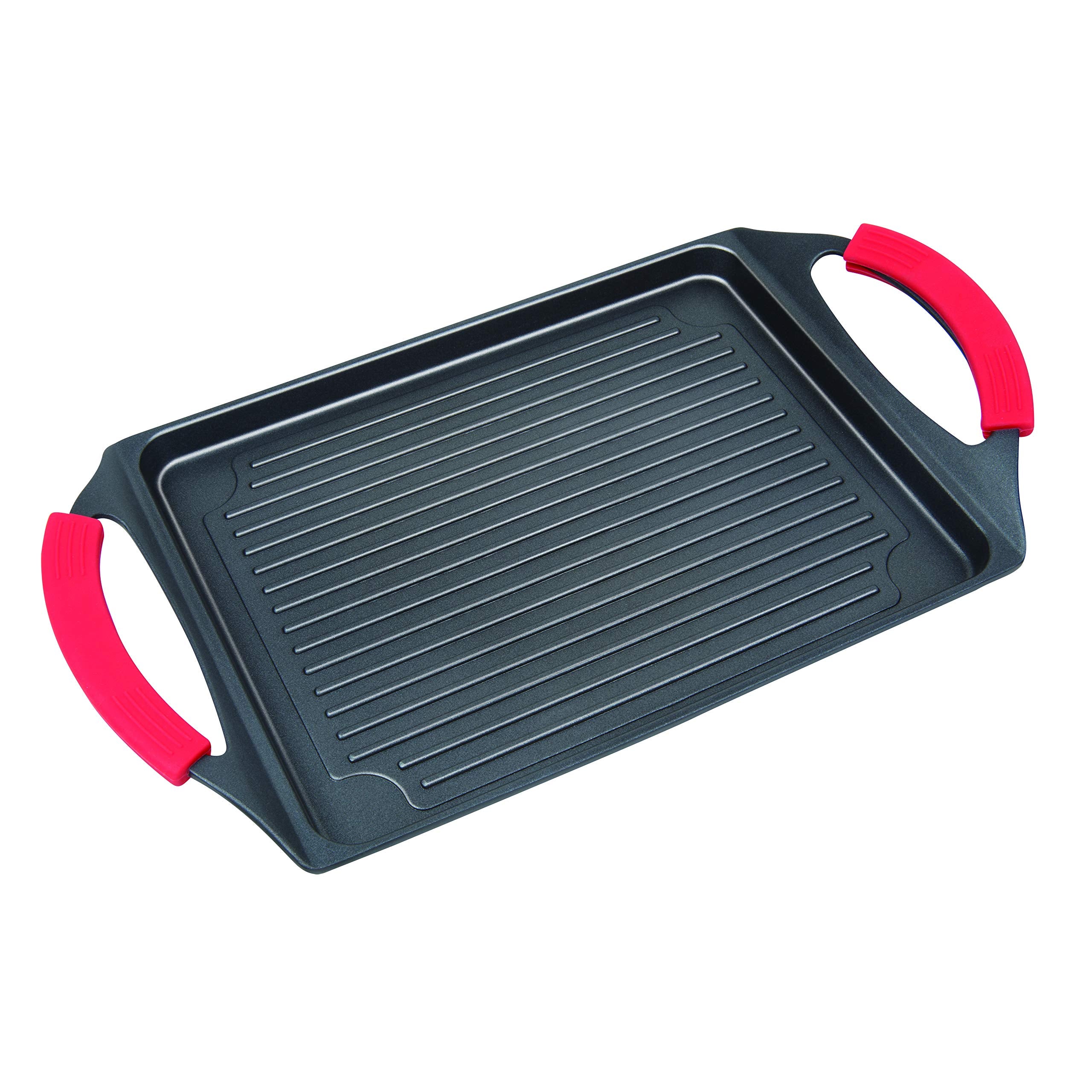 MasterPan NonStick Cast Aluminum Burner Grill Pan with Silicone Grips, 17, Black, Nonstick Cookware,
