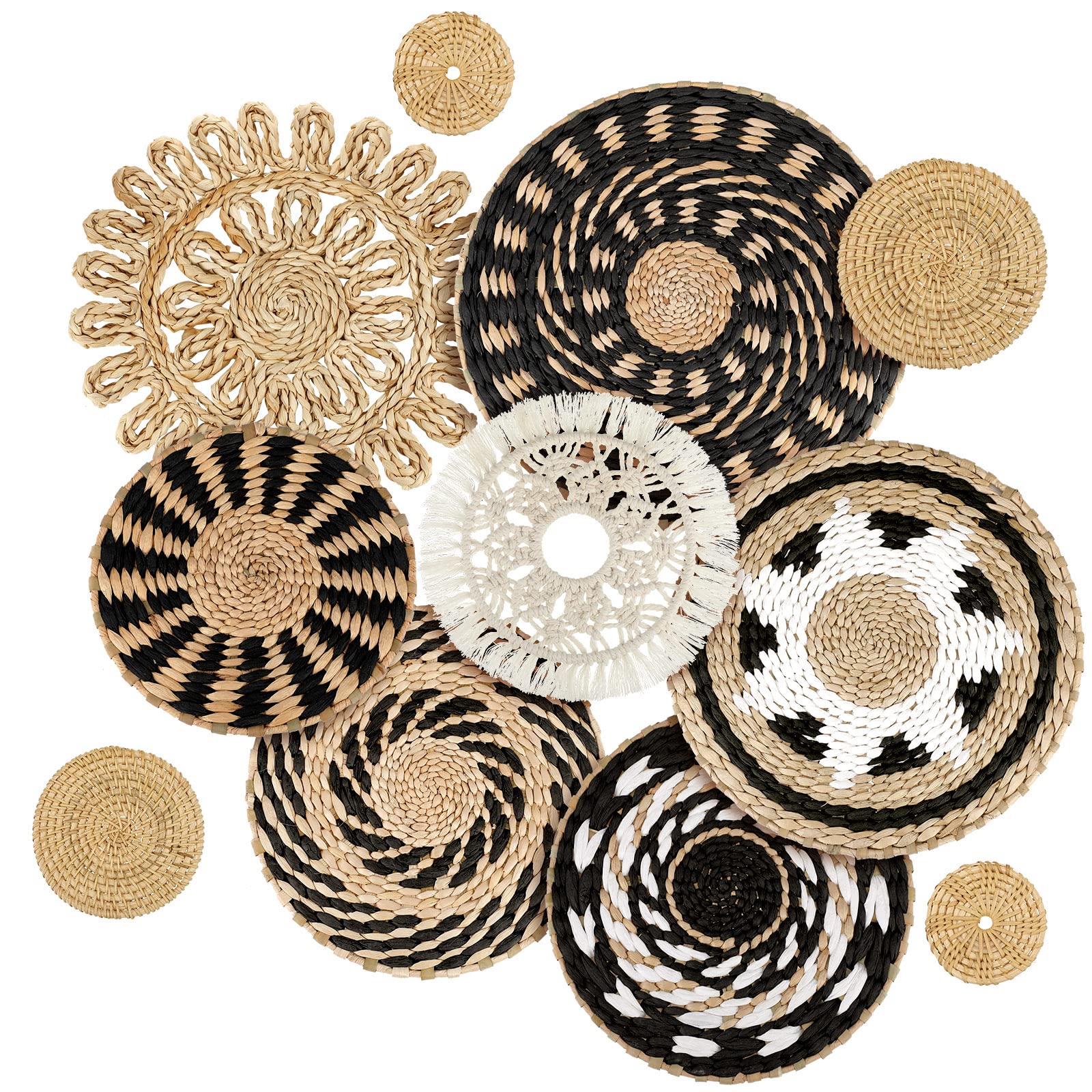 Tatuo 11 Pcs Boho Wall Basket Decor Decorative Bulrush Woven Basket Wall Decor Boho Wall Art Round Farmhouse Wall Hanging Basket