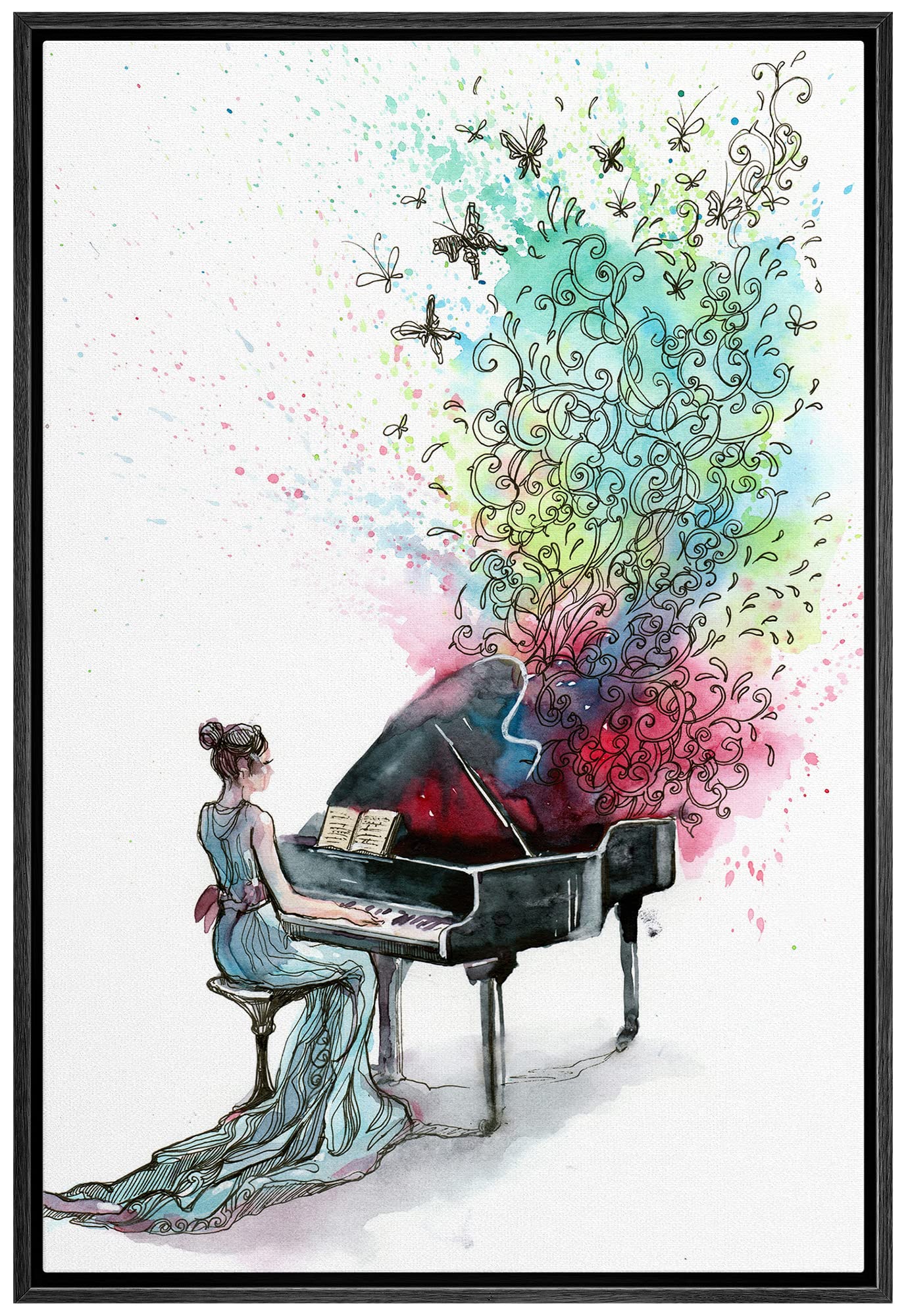Wall26 Framed Canvas Prints Wall Art - Grand Piano Music - 24''X36'' Black