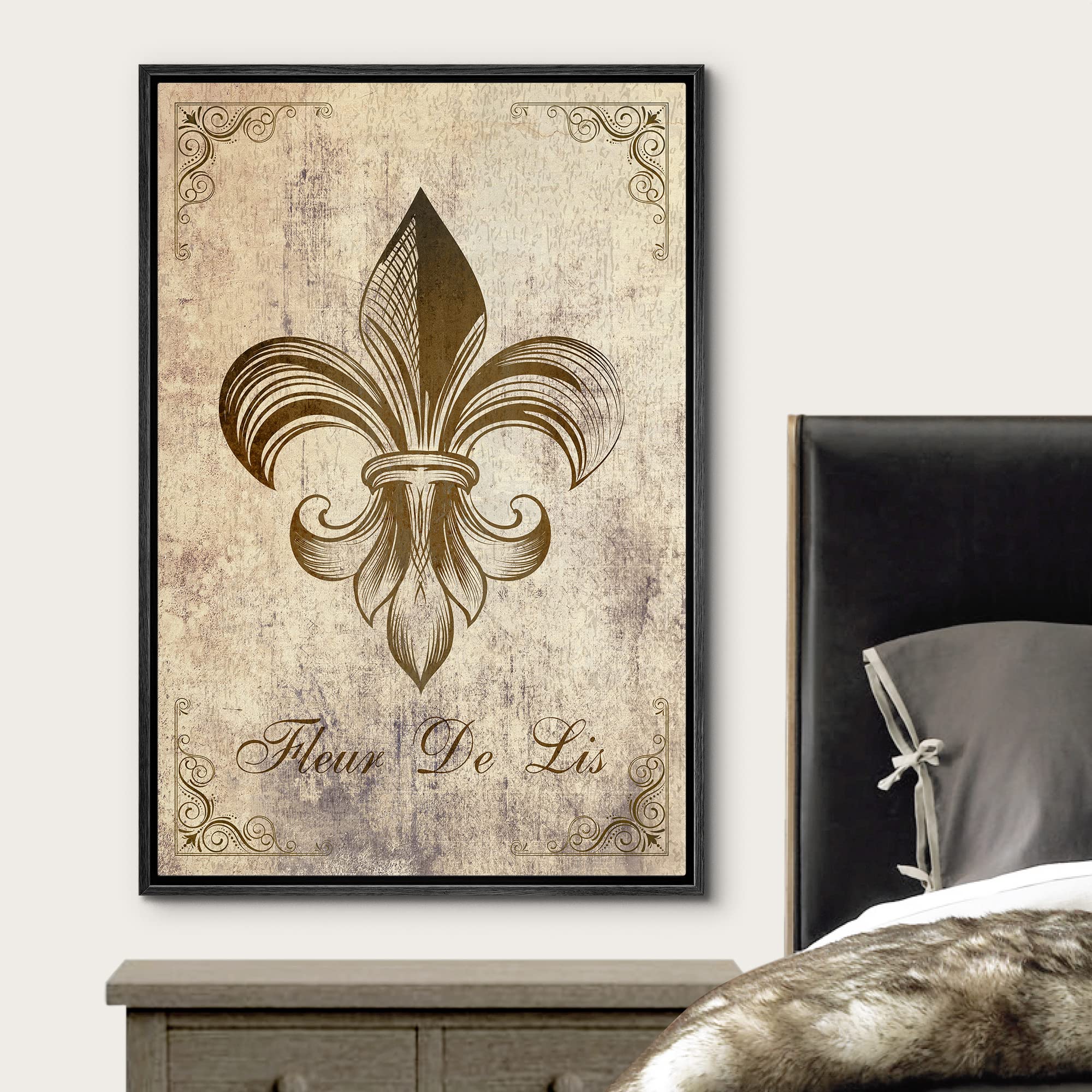 Wall26 - Framed Canvas Wall Art - Fleur De Lis Flower On Vintage Abstract Background - Gallery Wrap Modern Home Art | Ready To H