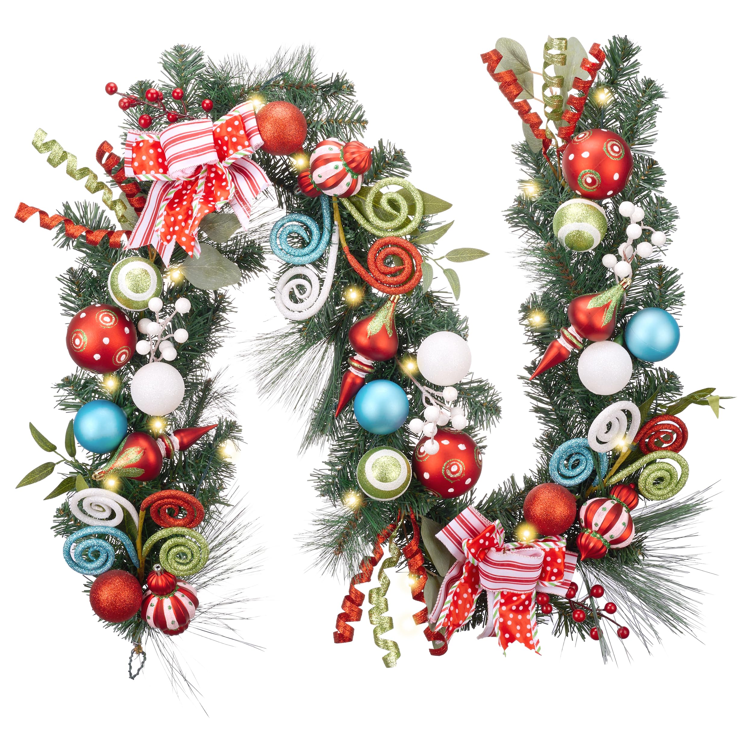 Valery Madelyn 6 feet Pre-Lit Christmas Garland with Lights for Mantle, Lighted Battery Operated Elf Xmas Garland with Red Green