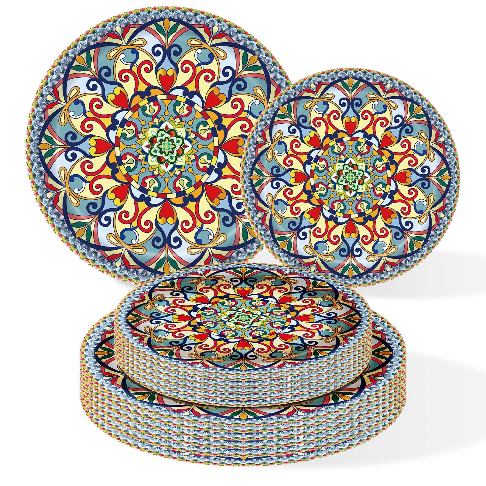 ZULYSTO 100PCS Boho Paper Plates (50  7 Inch & 50  9 Inch)-Vintage Bohemian Style Disposable Plates, Dessert Party Dinner Plates