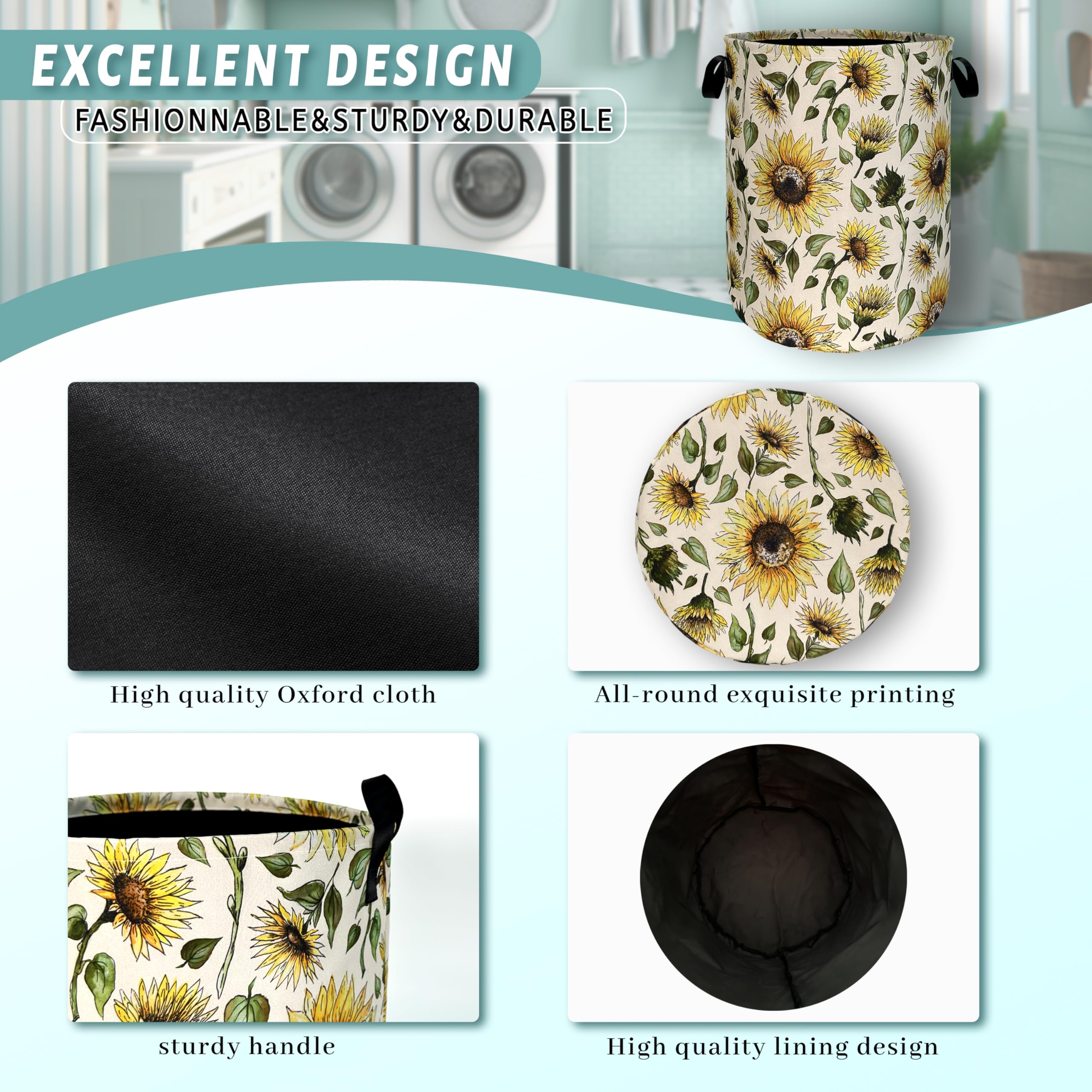 Retro Sunflower Laundry Hamper Yellow Flowers Laundry Basket With Handles Foldable Oxford Cloth Colorful Tote Bag Clothes Toy St