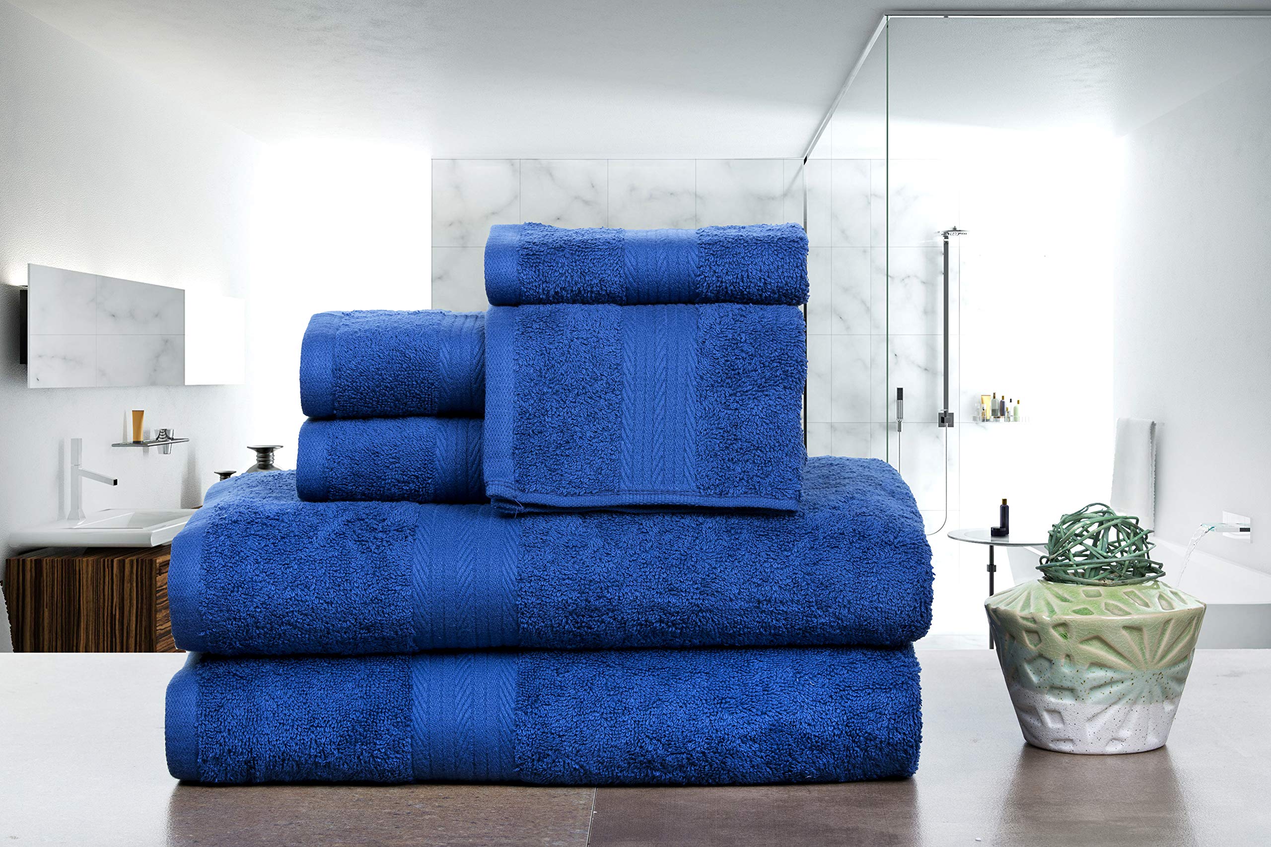 Ample Decor 100% Cotton 6 Piece Towels Sets For Bathroom, 2 Bath Towels, 2 Hand Towels, 2 Wash Cloths - Navy