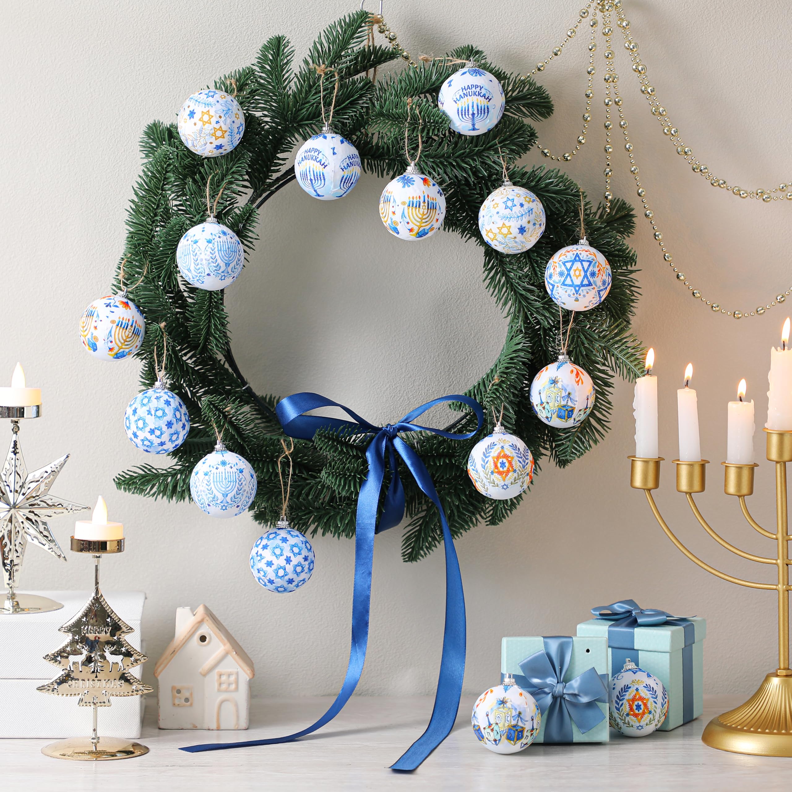 Outus 16 Pcs Hanukkah Ball Ornaments Hanukkah Hanging Ornament for Tree Blue and White Jewish Christmas Decorations for Tree Sta