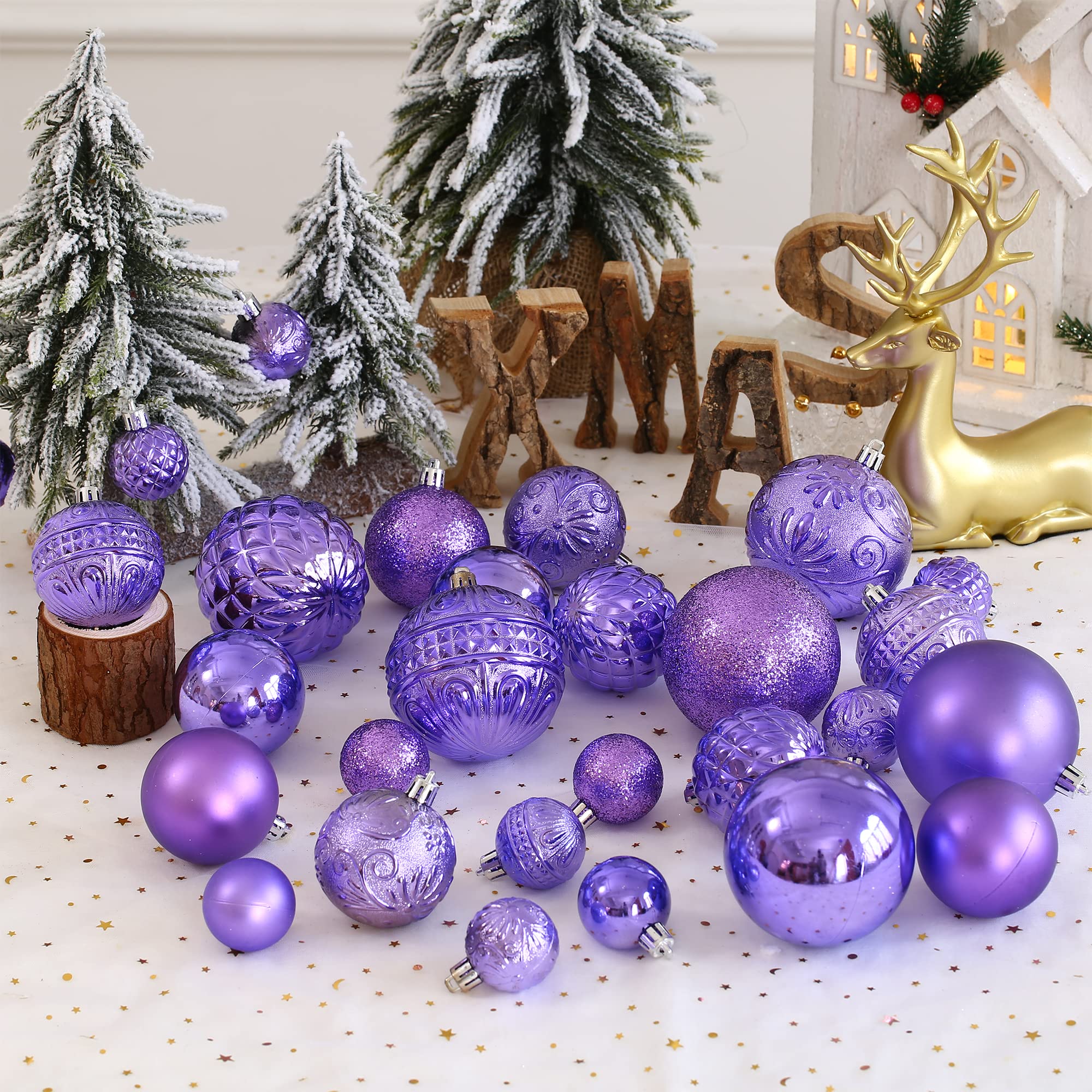Christmas Ball Ornaments Light Purple Christmas Tree Decorations with Hang Rope-36pcs Shatterproof Christmas Ornaments Set with