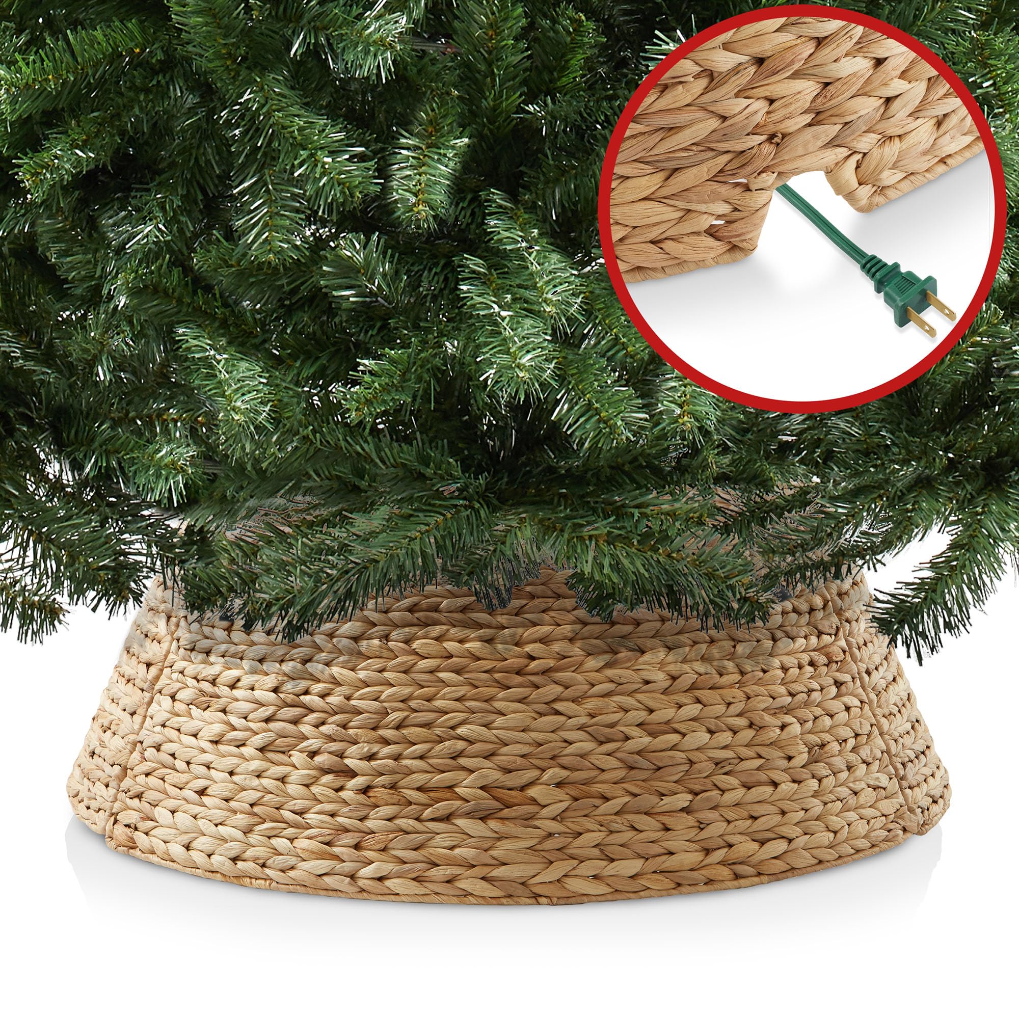 Casafield 32-Inch Christmas Tree Collar, Woven Water Hyacinth Tree Base Cover with Cord Cut Out, Natural