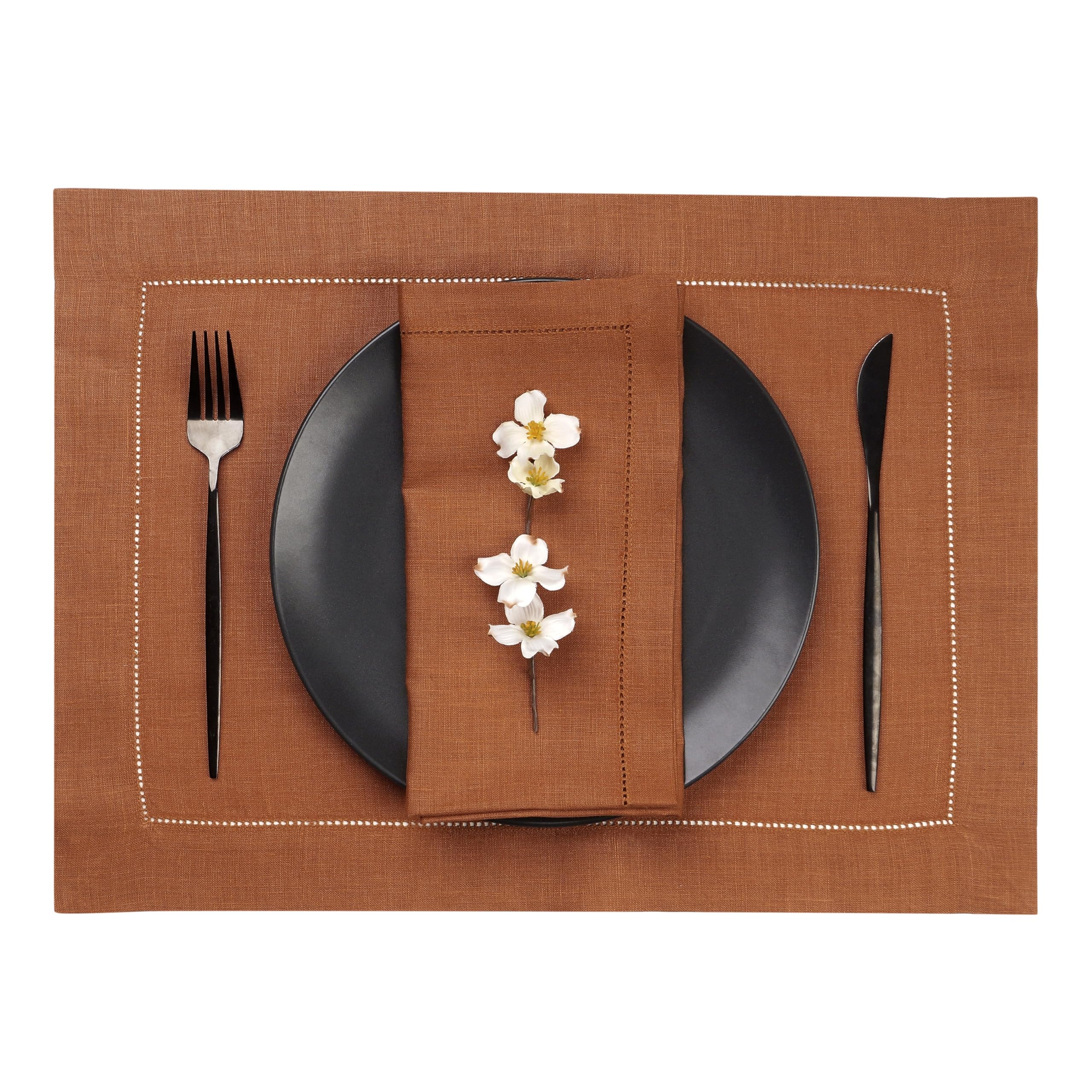 D'Moksha Homes Linen Placemats Set Of 4-100% Pure Linen Rust Placemats 14 X 19 Inch - Classic Hemstitch, Washable Rust Placemats