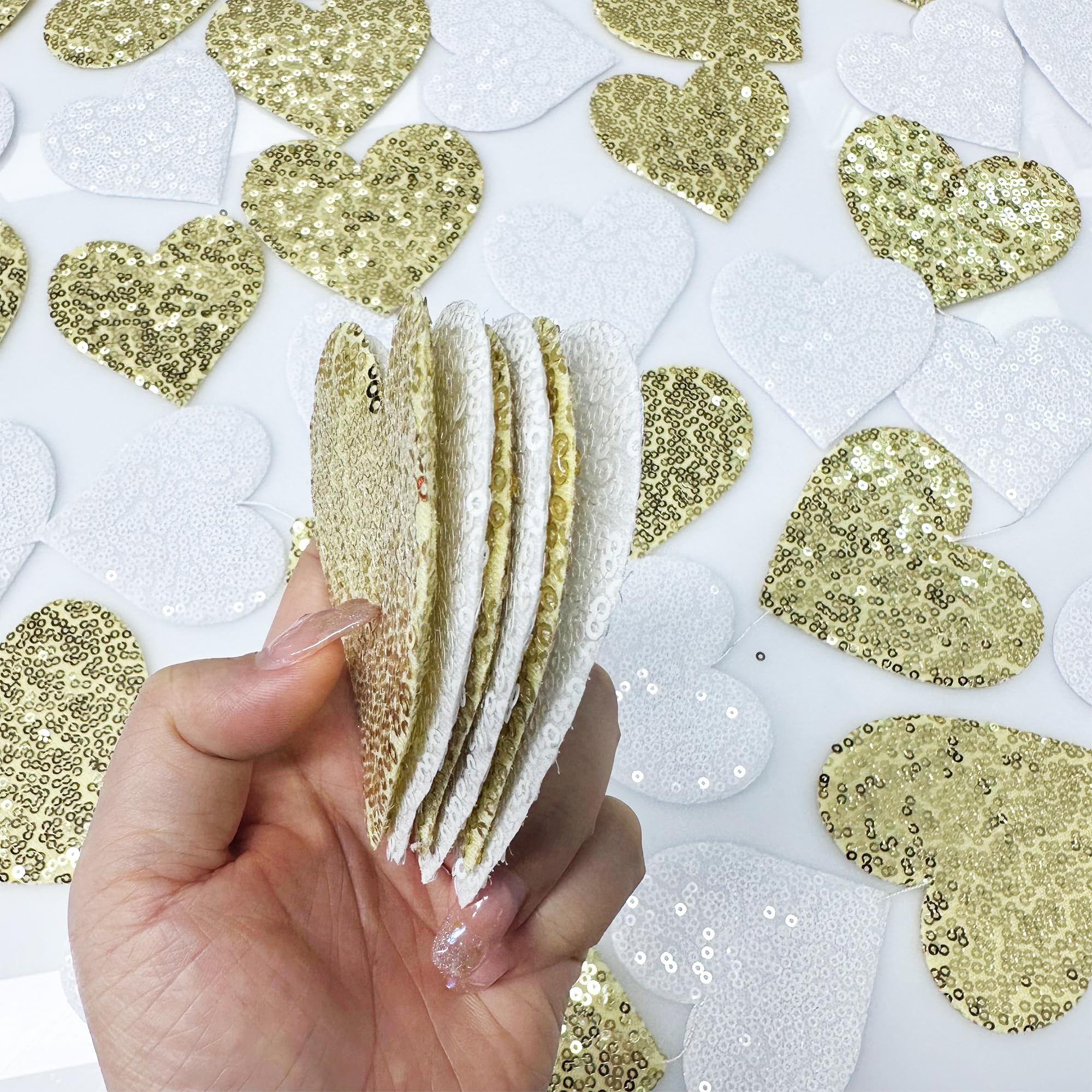 Gold And White Heart Decorations Double Sided Sequin 3D Heart Hanging Wall Art Ornament Garland For Nursery Classroom Bedroom Va