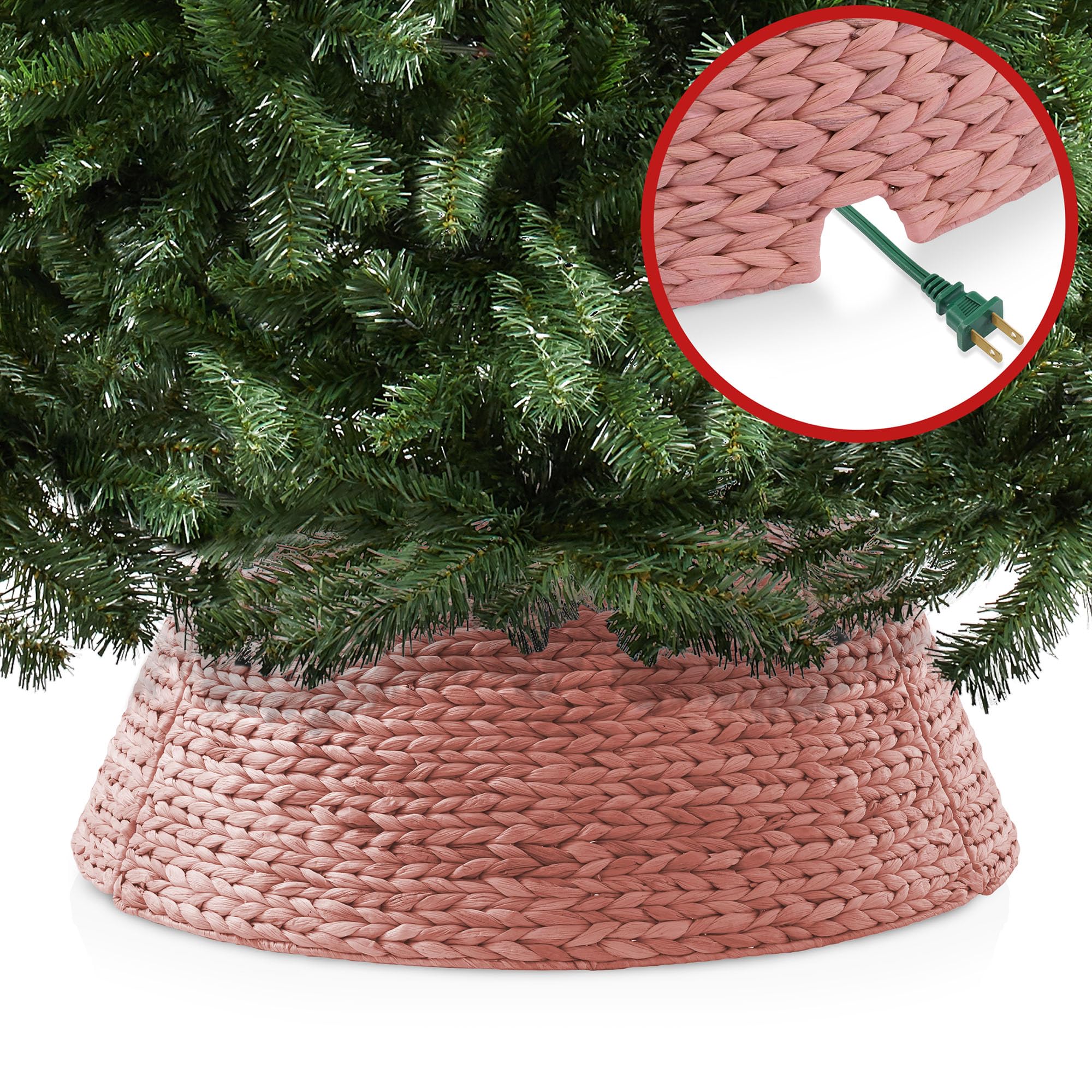 Casafield 32-Inch Christmas Tree Collar, Woven Water Hyacinth Tree Base Cover with Cord Cut Out, Pink