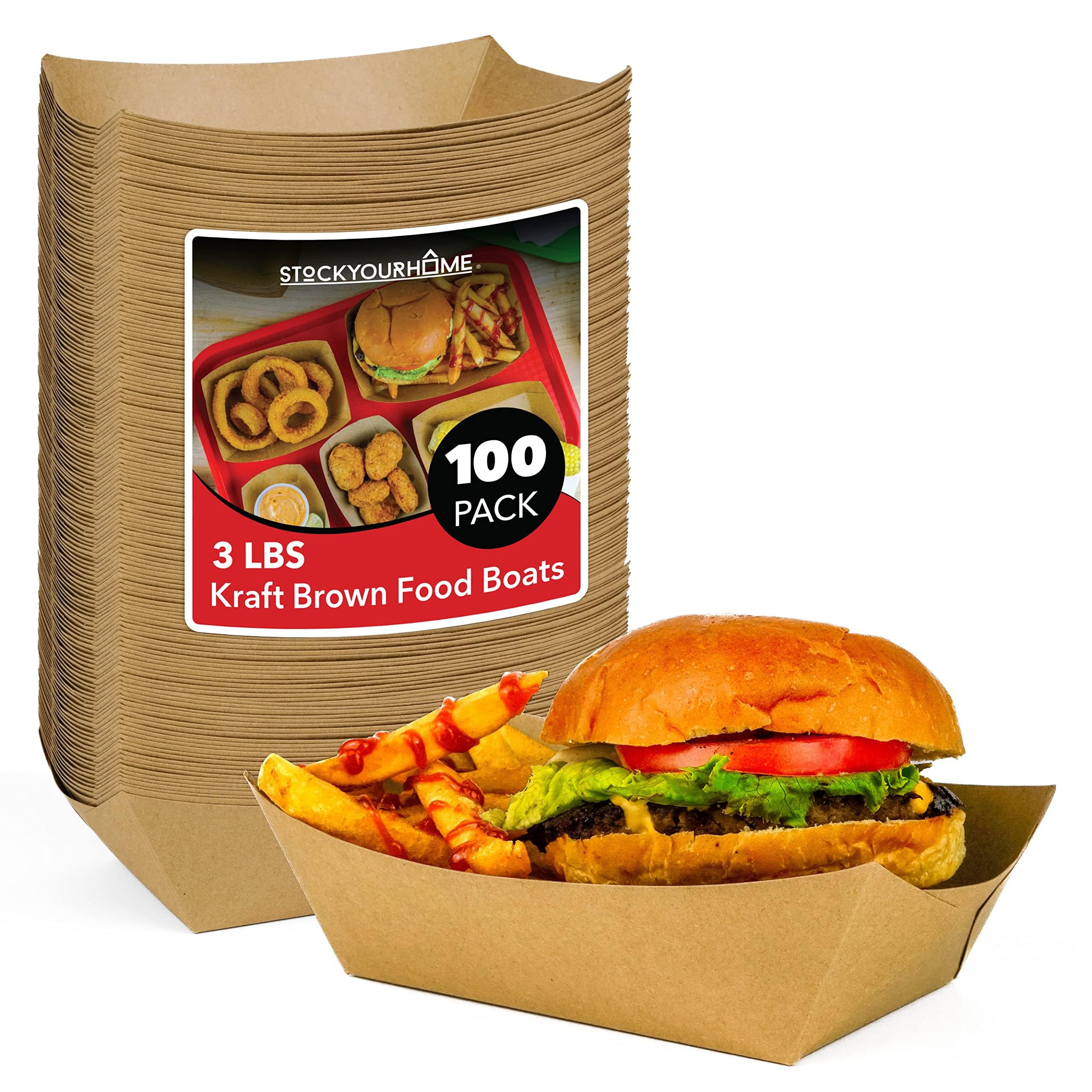 100 Pack 3-Lb Brown Kraft Paper Food Trays, Extra Large Disposable Concession Tray, Serving Boats for Party Snacks, Taco Bar, Se
