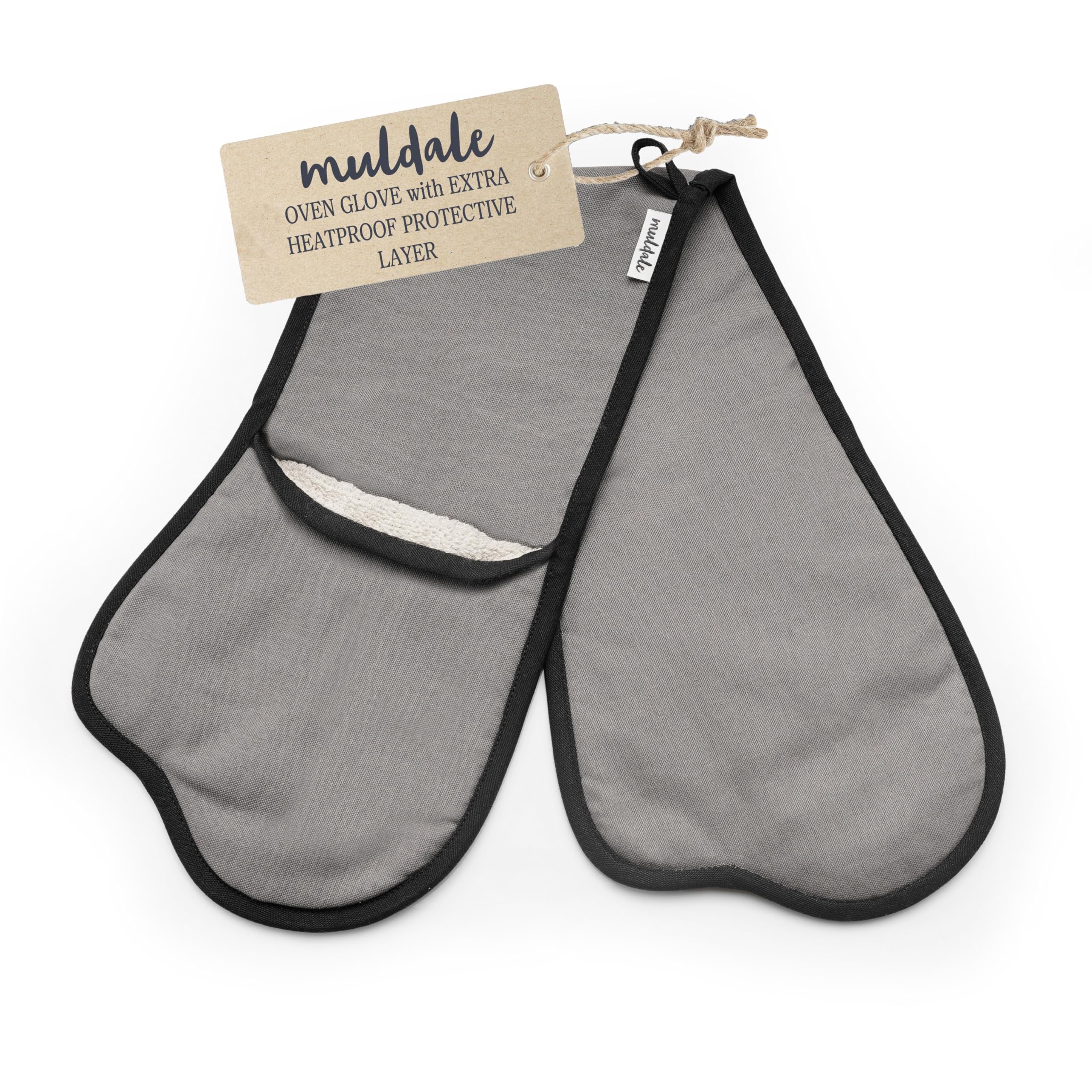 Muldale Professional Grey Double Oven Mitts Attached - Heavy Duty Oven Mitts Connected - Pot Holders Gloves With Terry Towelling