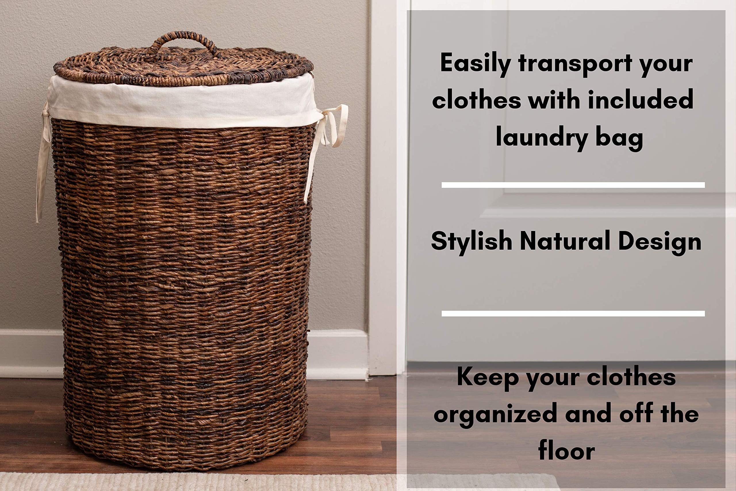 Seagrass Laundry Hamper With Liner | Round Clothes Bin With Lid | Cut-Out Handles For Easy Transport | Includes Machine Washable