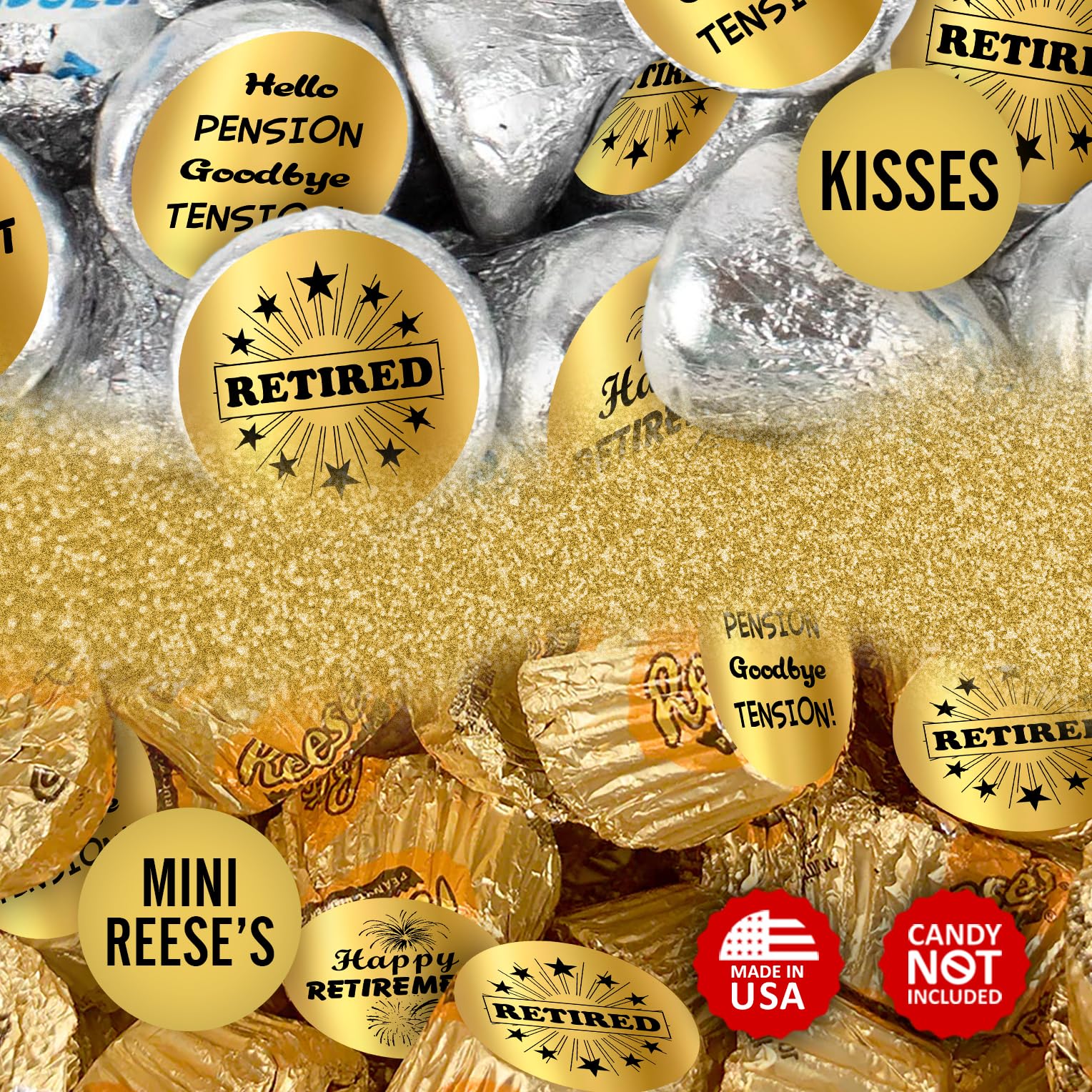 Gold Foil Retirement Kisses Stickers  (Set of 216) Chocolate Drops Labels Stickers for Happy Retirement Party  Party Favors Decor for Kisses