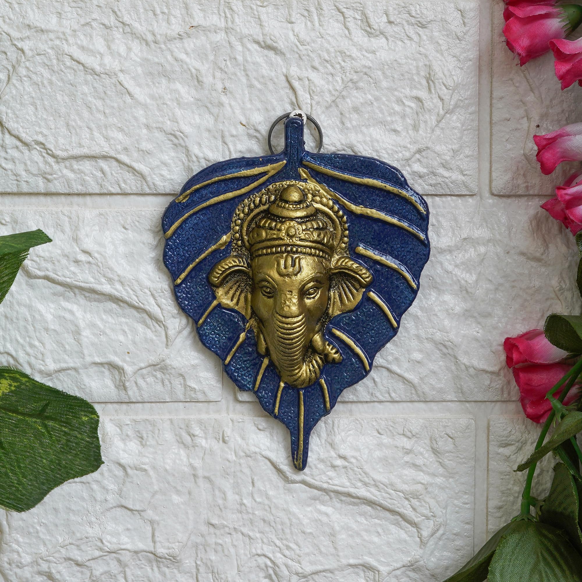 Ecraftindia Blue & Golden Lord Ganesha Face On Leaf Wall Hanging Decorative Showpiece For Home, Office, Mandir | Ideal For Diwal