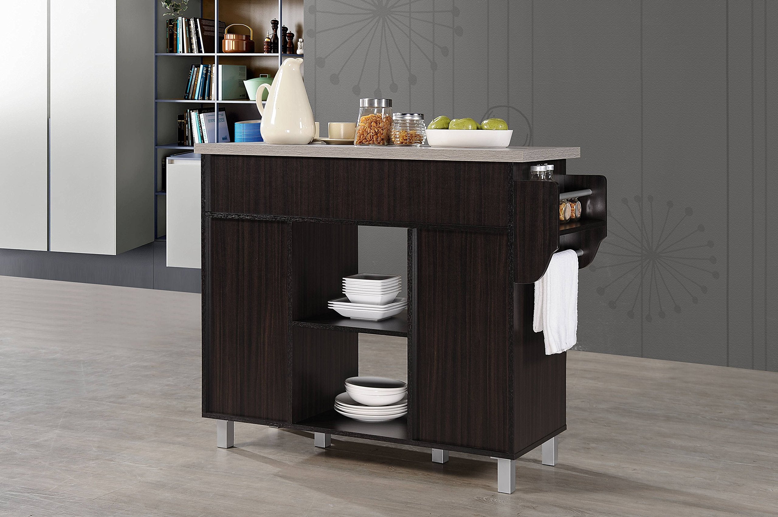 Hodedah Kitchen Island with Spice Rack plus Towel Holder in Chocolate-Grey