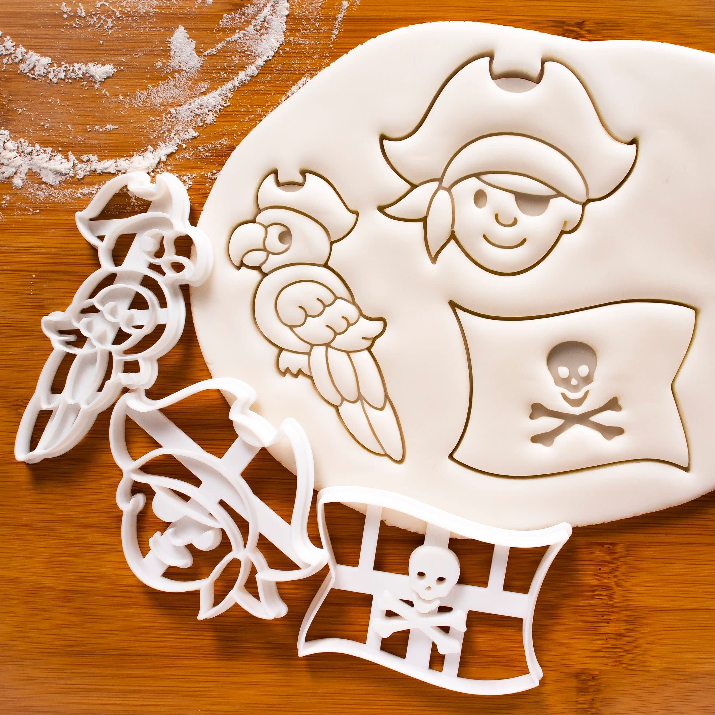 Set Of 3 Pirate Theme Cookie Cutters (Designs: Pirate Flag, Pirate Boy And Parrot), 3 Pieces - Bakerlogy