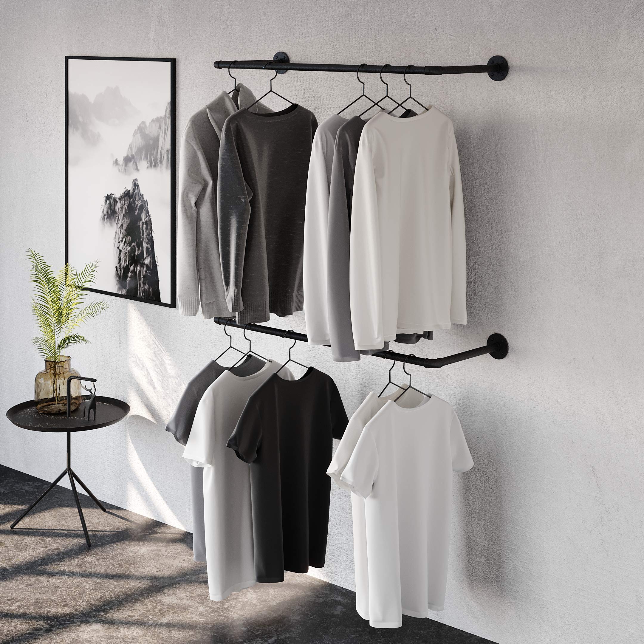 Pamo Industrial Pipe Clothing Rack Metal Black - Wall Mounted Clothes Racks For Hanging Clothes - Industrial Clothing Rack Wall