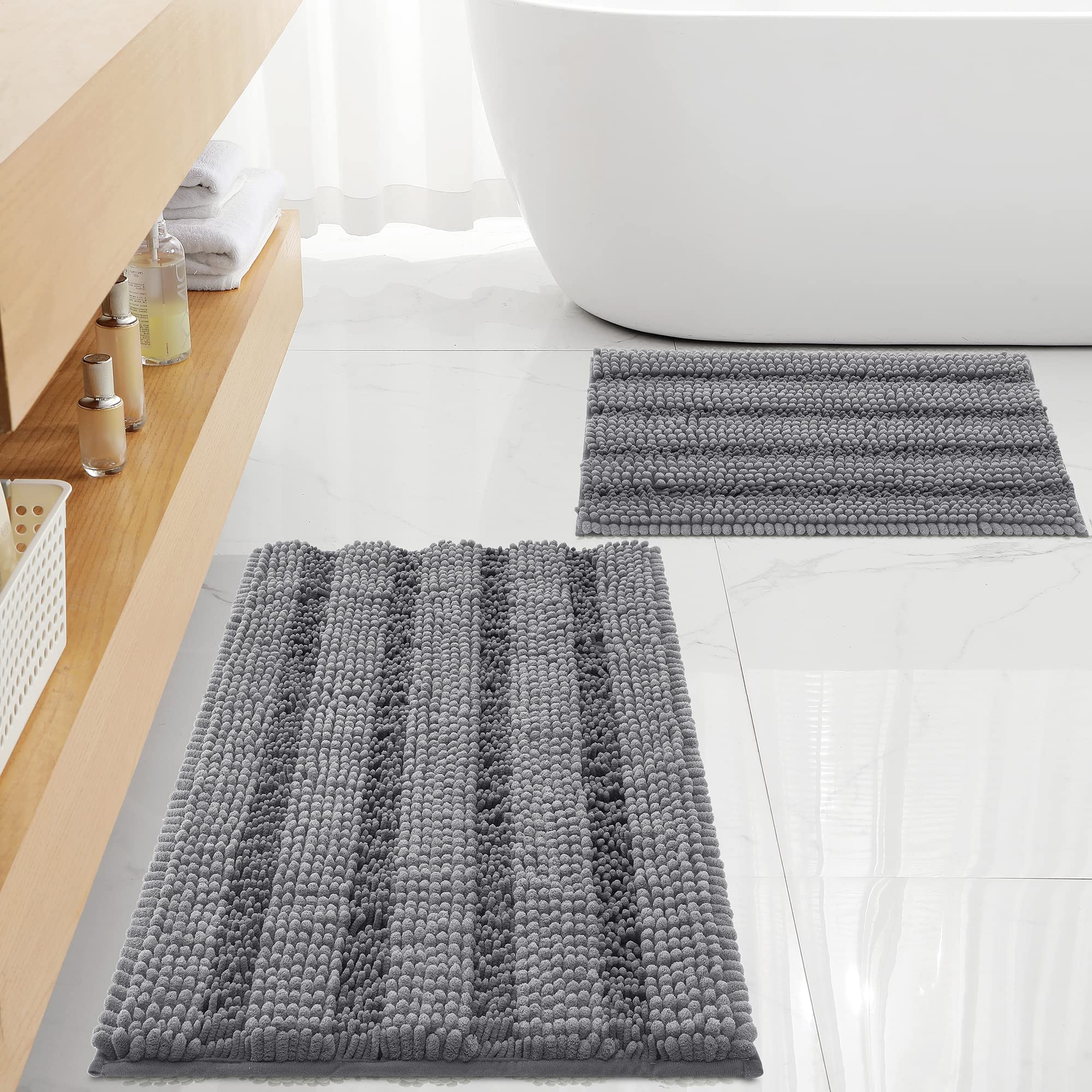 Floleopa Non Slip Thick Shaggy Chenille Grey Bathroom Rug Sets 2 Piece, Thickened Hot Melt Rubber Bottom Bath Mats For Bathroom,