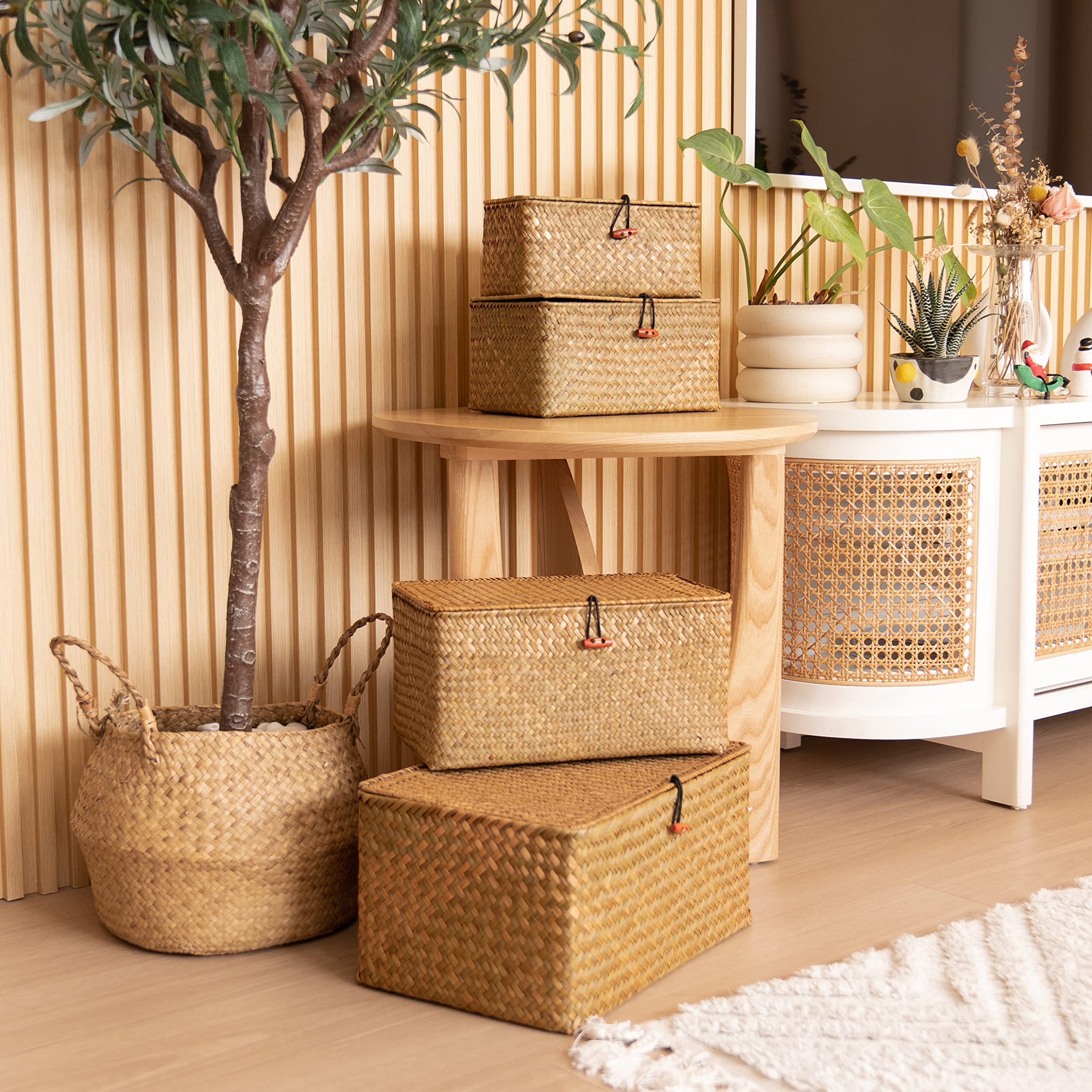 4 Pack  Wicker Baskets with Lids  Nautral Seagrass Storage Baskets  Woven Rectangular Basket Bins  Rattan Storage Organizer for Shelf Honey Brown