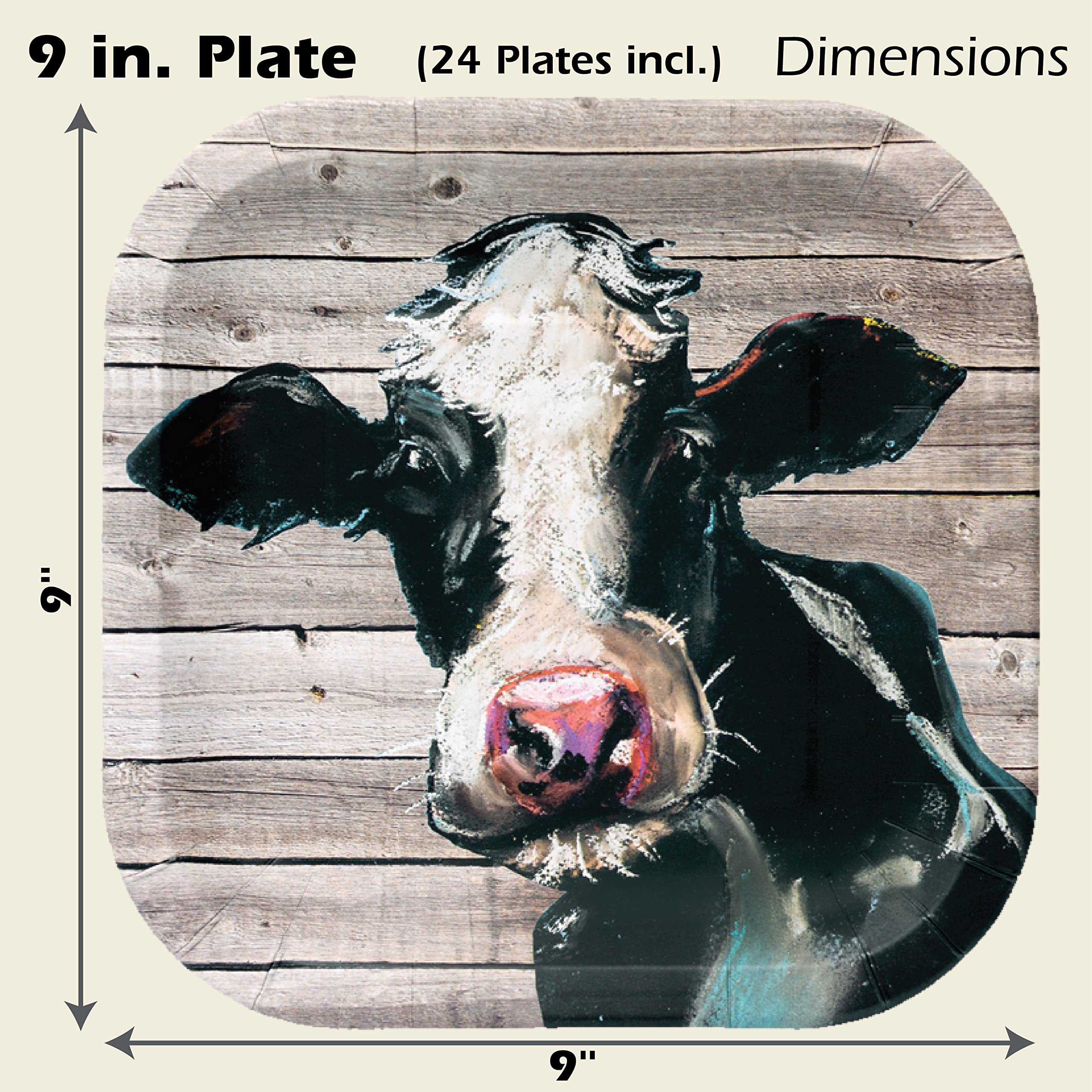 Havercamp Cow 9    Plates On Barnwood (24 Pcs.)! Authentic And Iconic Cow On A Rustic Barnwood Background. 24 Lg. 9 In. Square D
