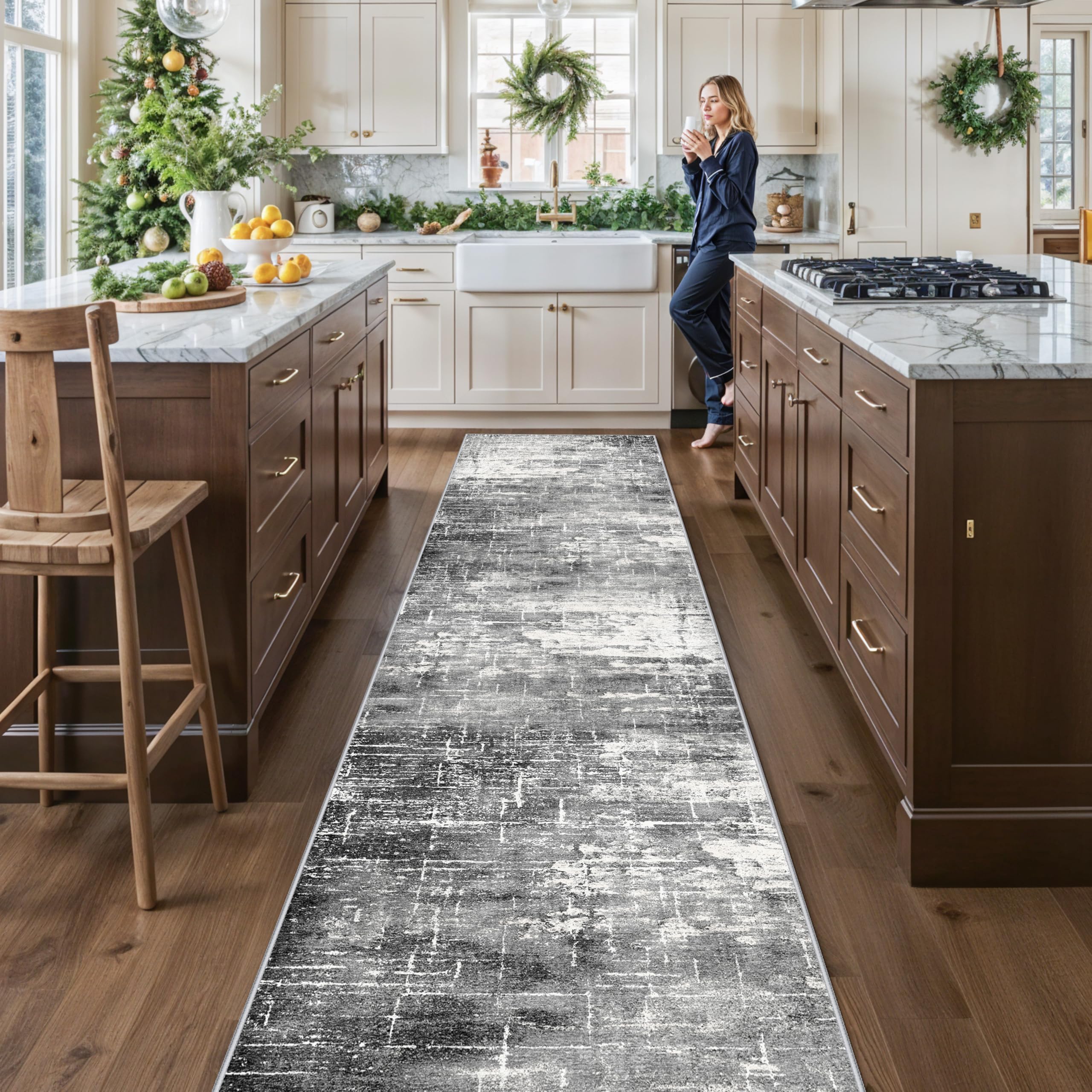 Abstract 14ft Long Runner Rug: Non-Slip Washable Rug Runner Low-Pile Soft Beside Carpet Indoor Farmhouse Entryway Floor Mat Bath
