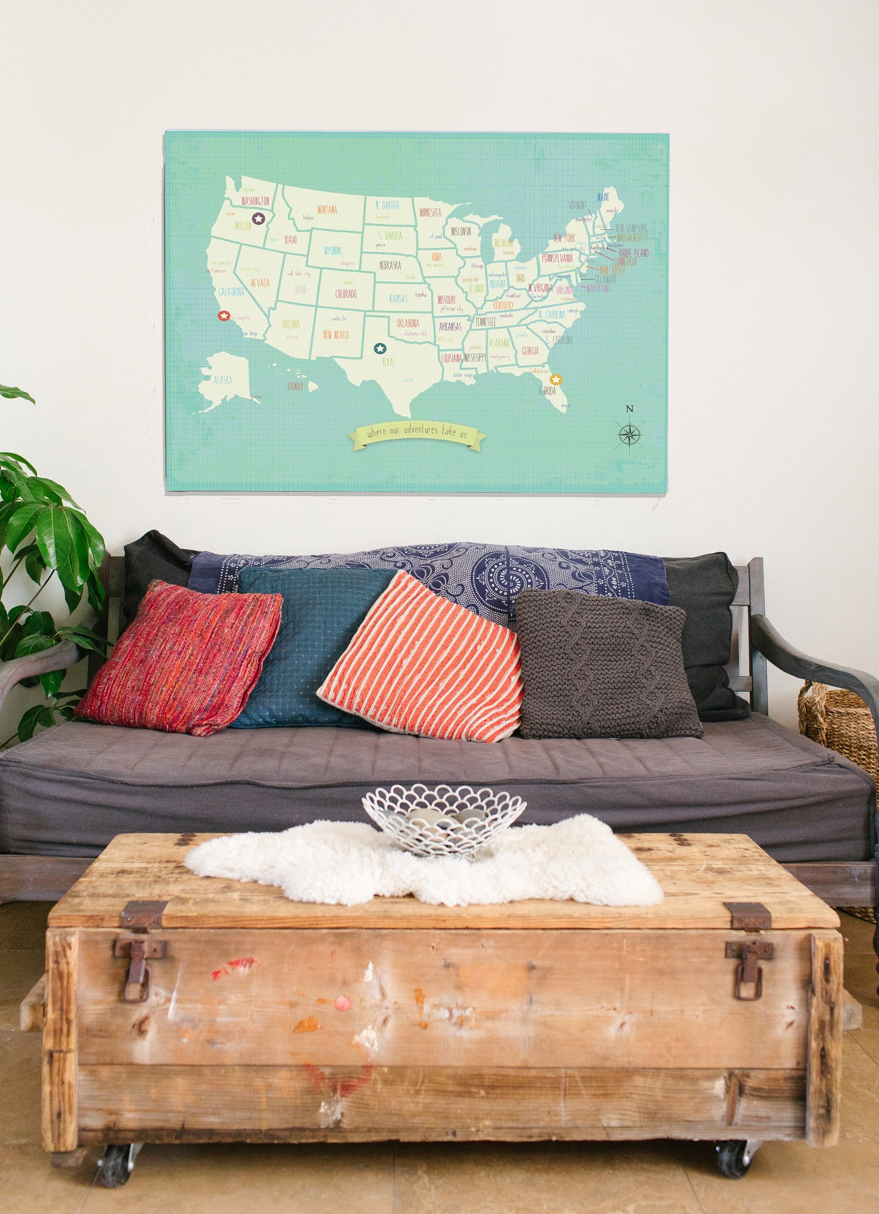 My Travels Personalized Usa Map, 24 X 18 Wall Art Print Poster, Bohemian Boho Nordic Style For Children Kids Toddlers Baby Newbo