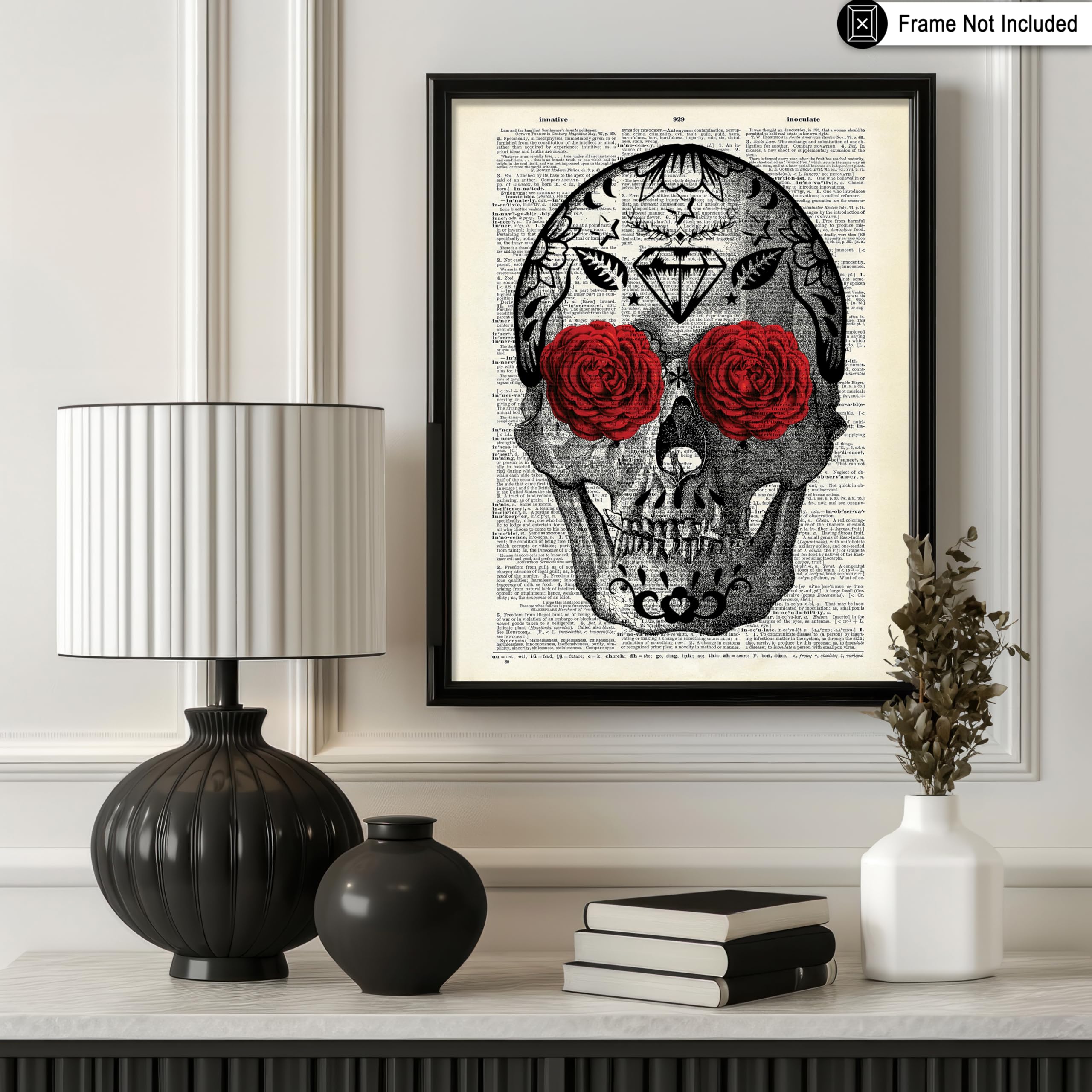 Poster Master Dictionary Art Poster - Flowery Eyes Skull Print - Skeleton Art - Flower Art - Red Rose Art - Gift For Him, Her -