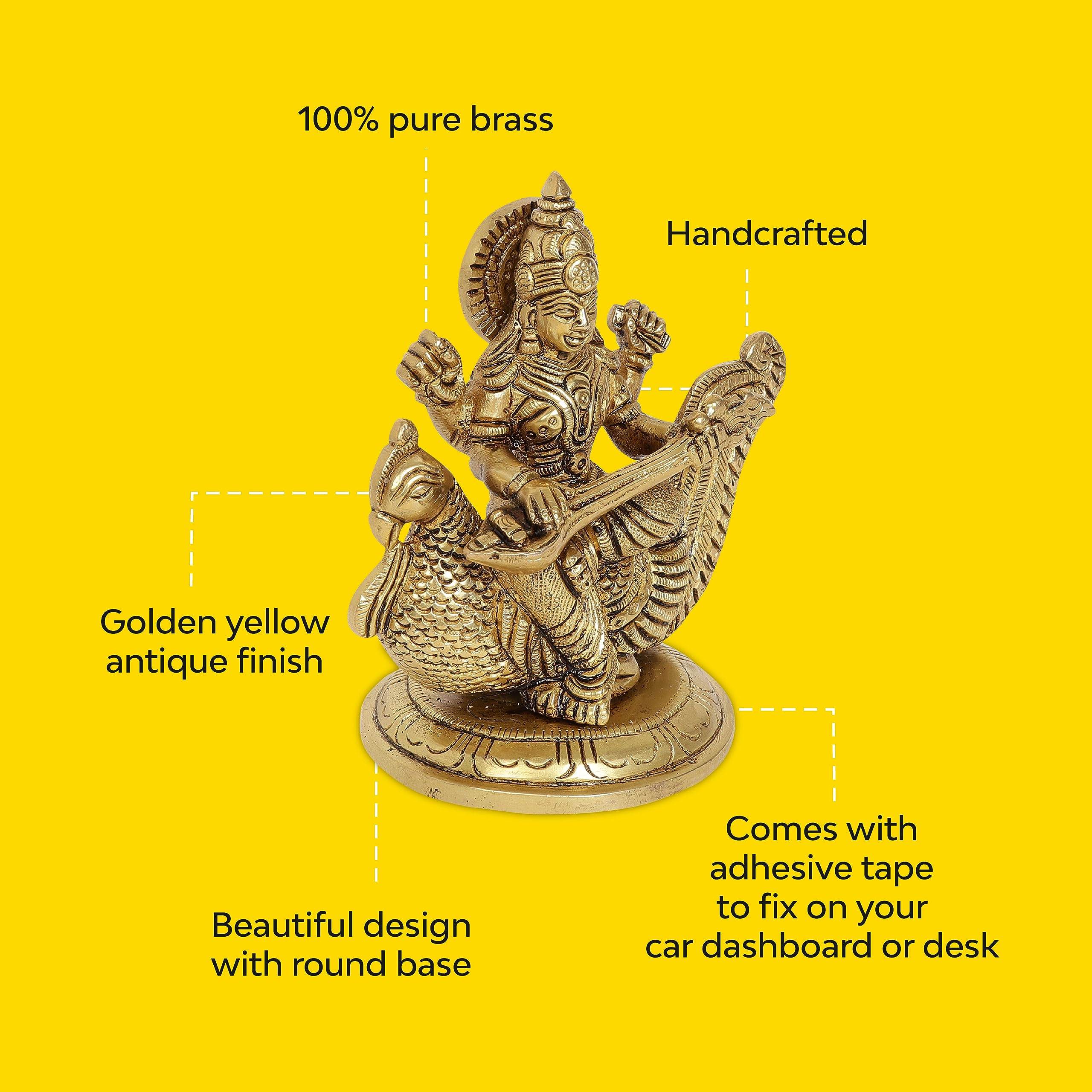 10Club Goddess Saraswati Idol - 1Pc (11.5 cm, 850 Grams) - 100% Pure Brass | Saraswati Sitting on a Peacock for Desk, Pooja, Hom