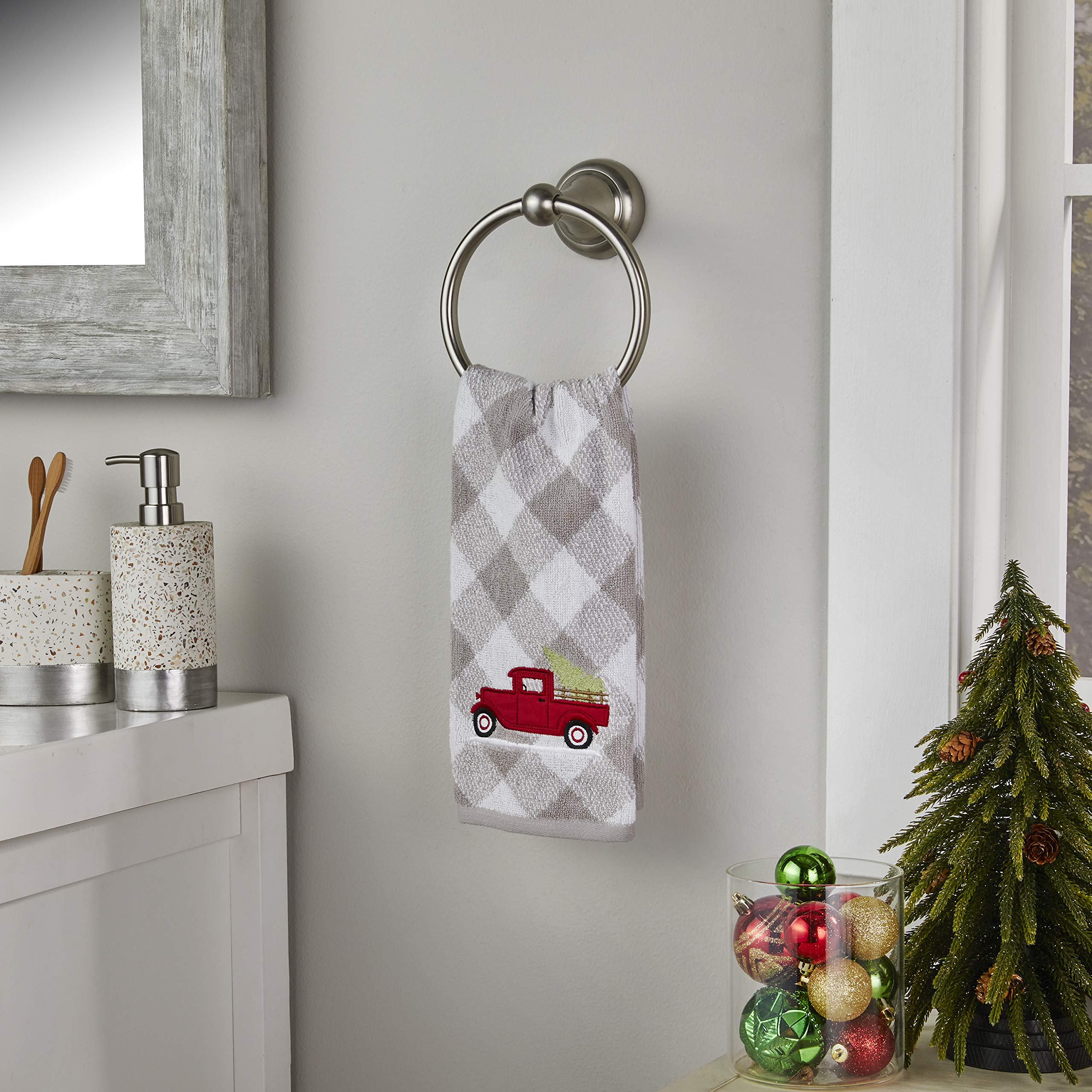 Skl Home Christmas/Winter Farm Truck Hand Towel 2Pc Set For Bath/Kitchen/Bar & Gift, Gray