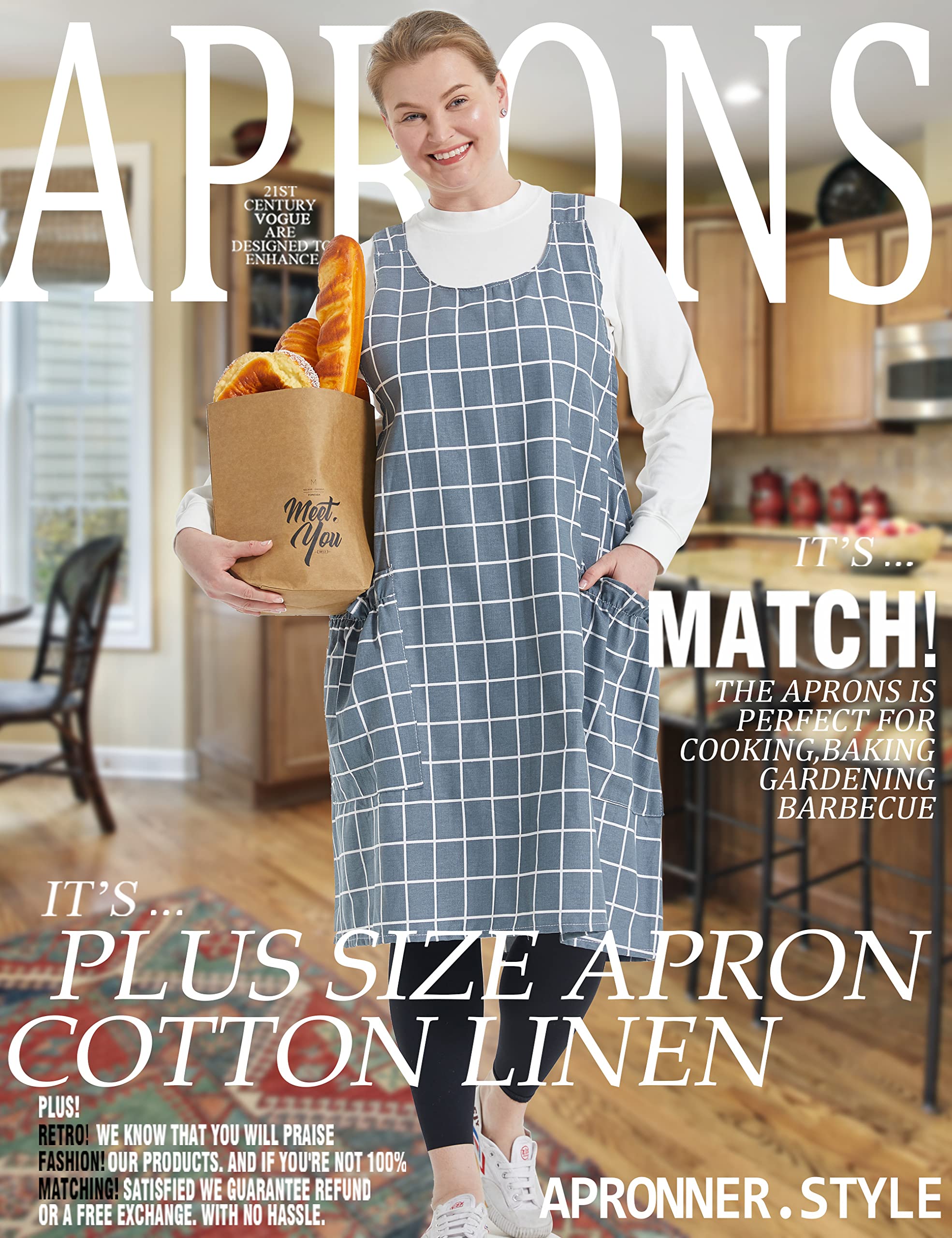 Apronner Big Plus Size Aprons For Women With Pockets Cotton Linen Baking Kitchen Cooking Grey Grid