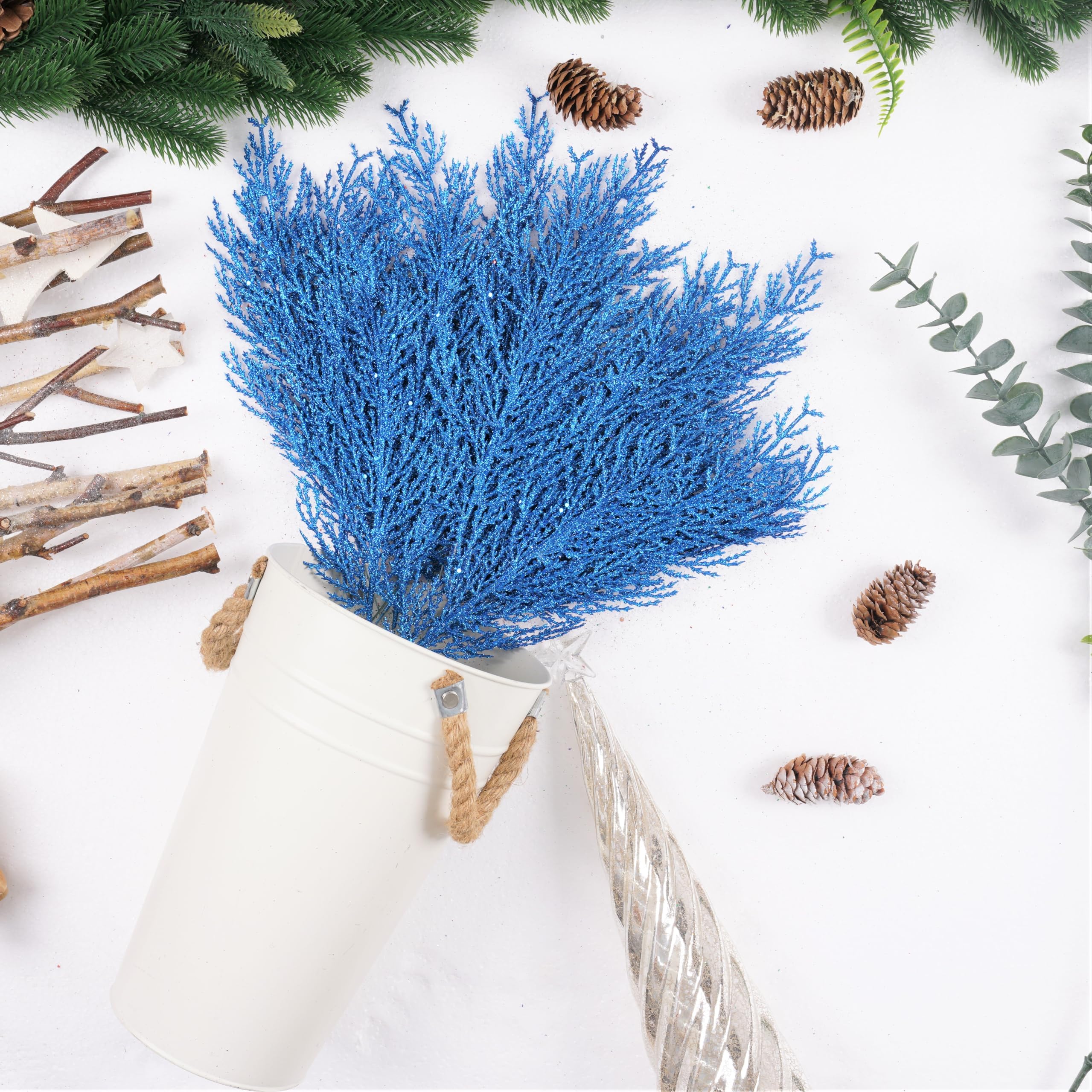 Christmas Glitter Stems 24pcs Artificial Pine Tree Picks for Christmas Tree Ornaments fillers, DIY Xmas Wreath, Crafts, Garland,