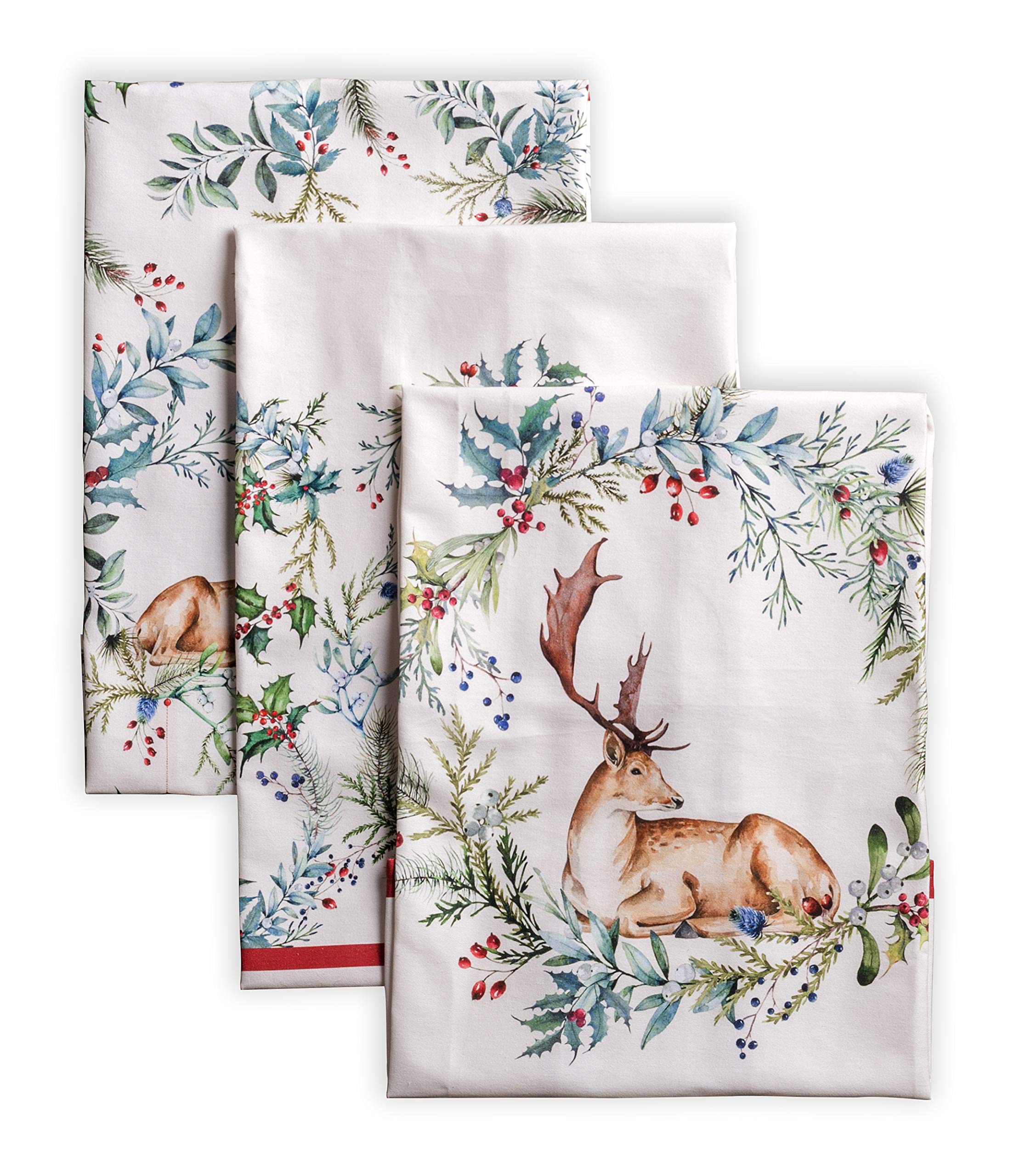 Maison D' Hermine Holly Time 100% Cotton Set Of 3 Multi-Purpose Kitchen Towel Soft Absorbent Dish Towels Tea Towels Bar Towels (
