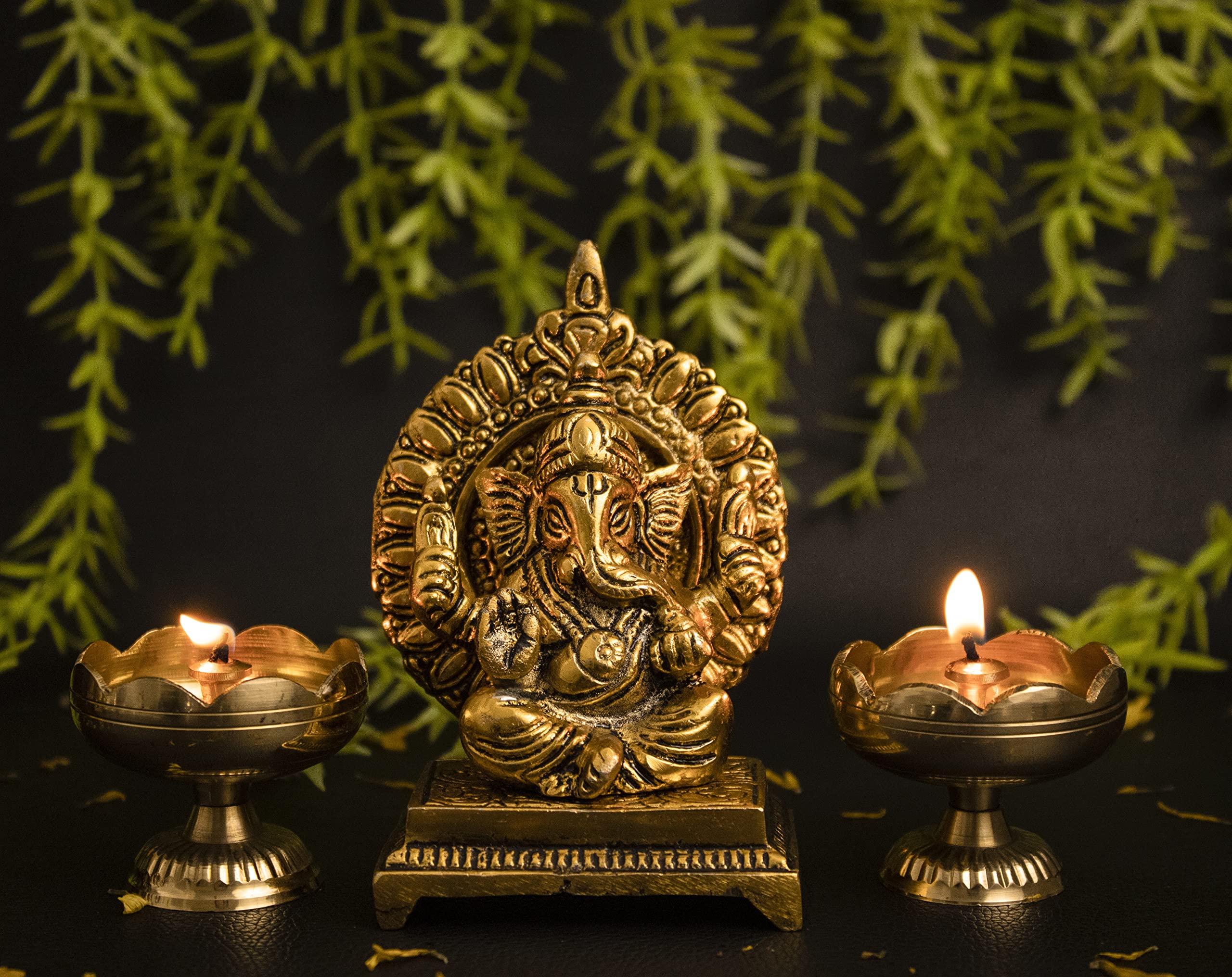 Spillbox Oxidised Gold Finished Sinhasan Ganesha Brass God Idol Statue Showpiece For Home Office Figurine Religious Pooja Gift L