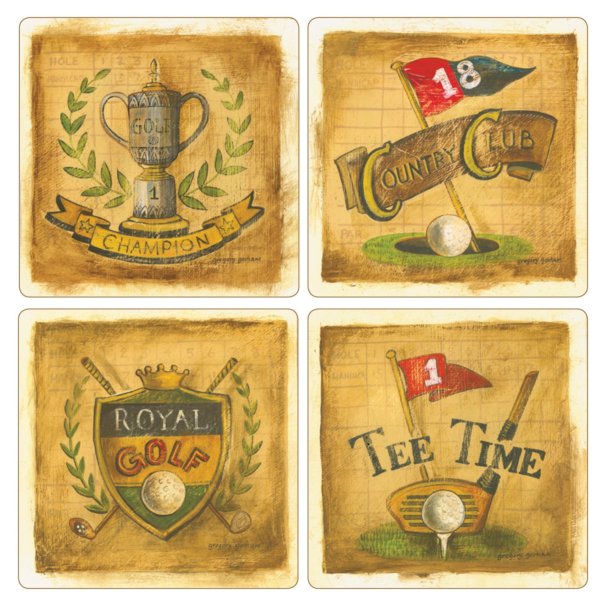 Coasterstone ''Gregory Gorham-Antique Golf Collection'' Absorbent Coasters, 4-1/4-Inch, Set Of 4
